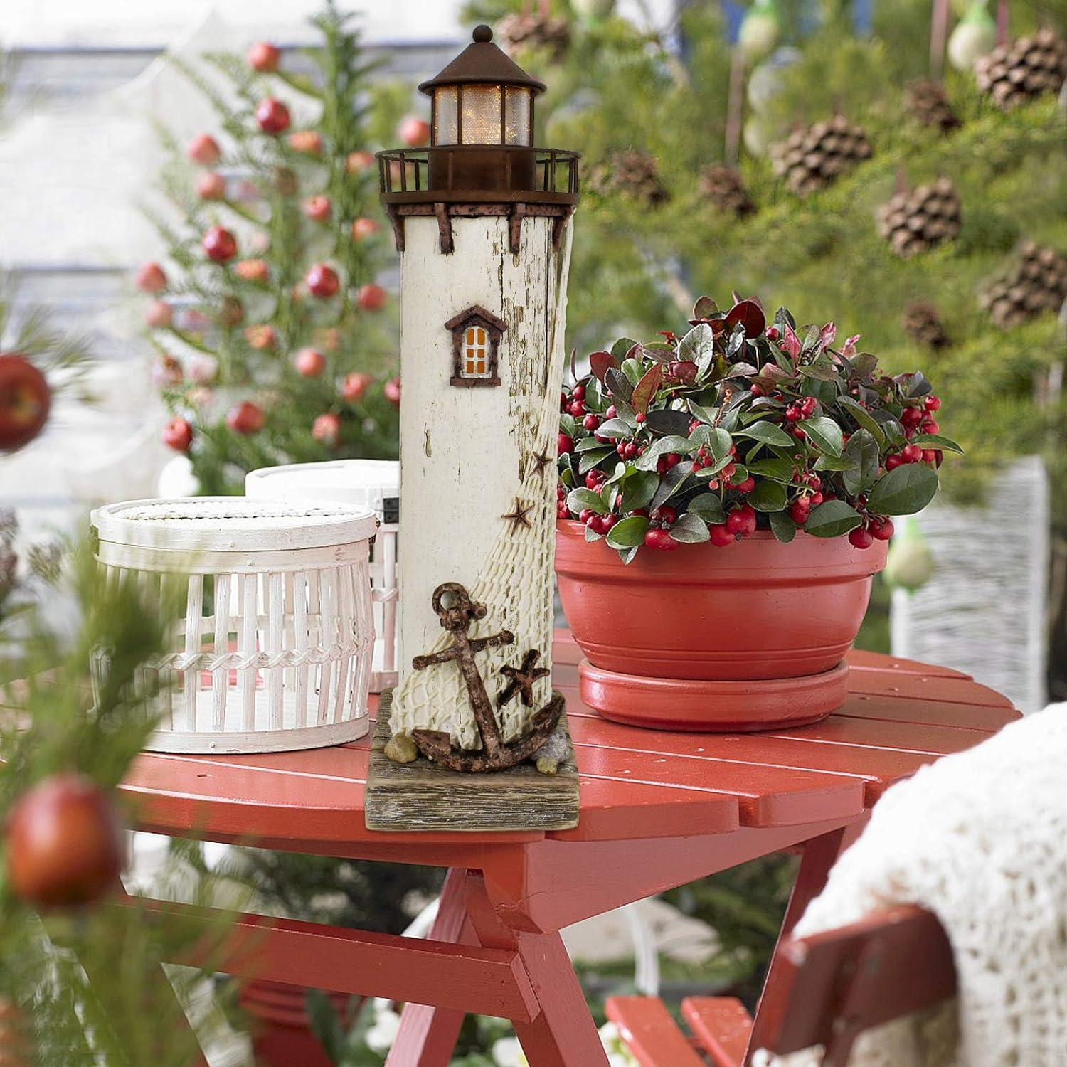 Rustic White and Brown Wooden Lighthouse Decor with LED Light