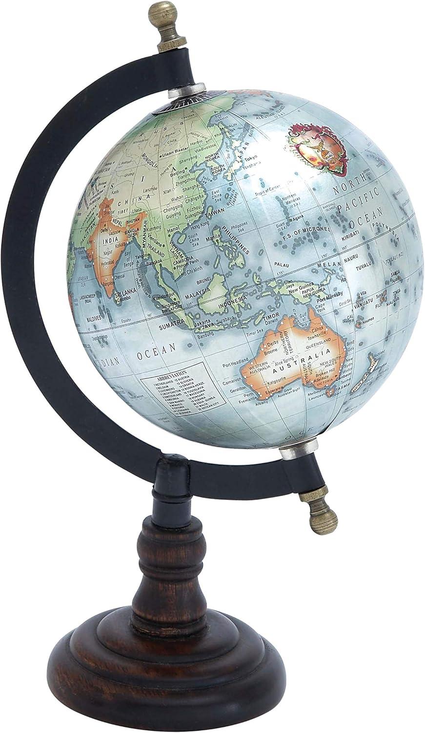 Dec Mode Traditional Mango Wood and Iron Colorful Spinning Globe Table-Top Décor, 6"W x 10"H, Brown, Features a Round Orb with Topographical Map