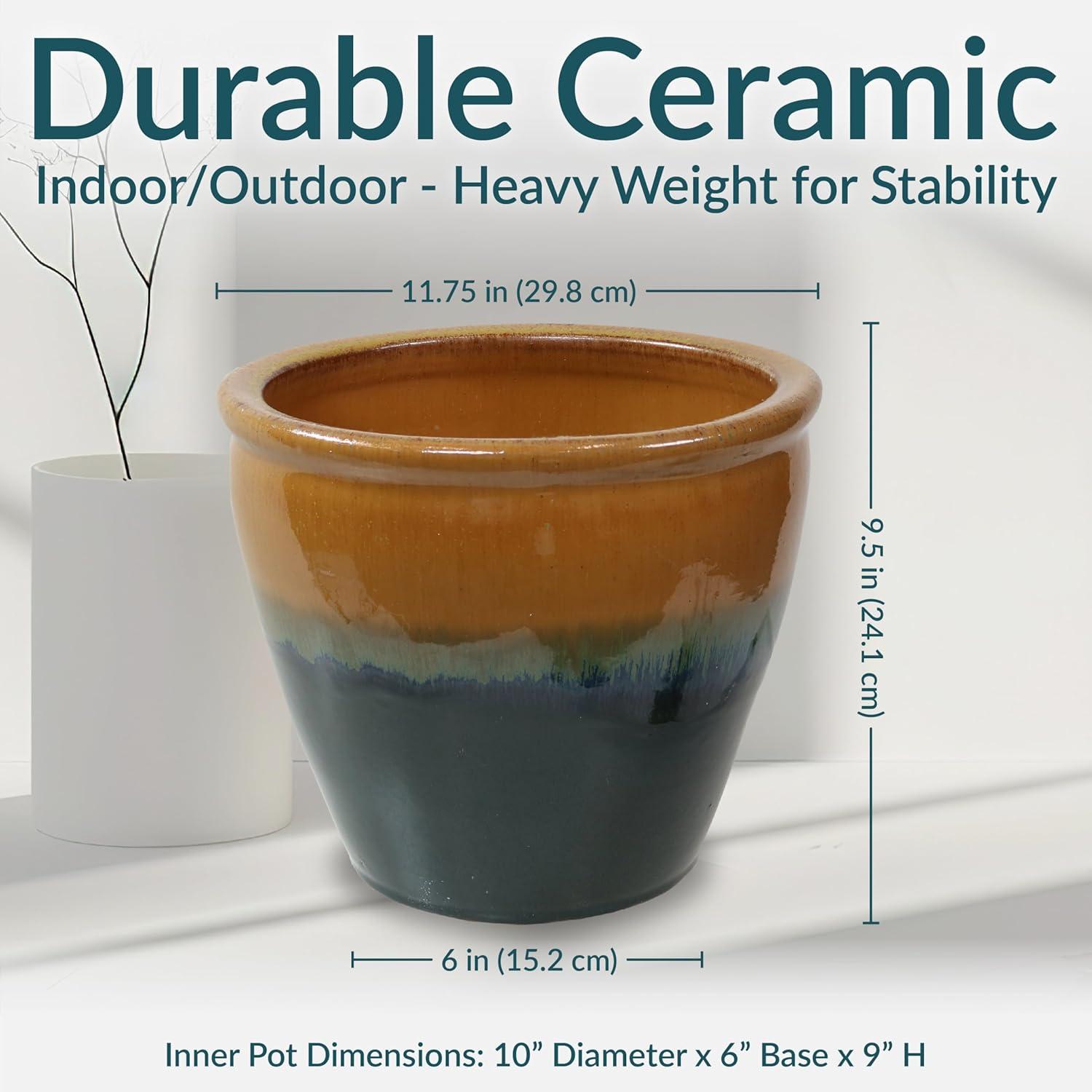 Sunnydaze Studio Outdoor/Indoor High-Fired Glazed UV- and Frost-Resistant Ceramic Planters with Drainage Holes - 11" Diameter - Seafoam - 2-Pack