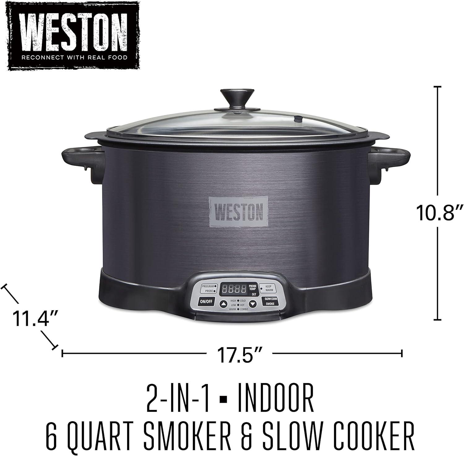 Weston 2in1 Indoor Smoker & Slow Cooker 03-2500-W: 6 Qt Programmable Crock Pot, Dishwasher-Safe, Automatic Probe