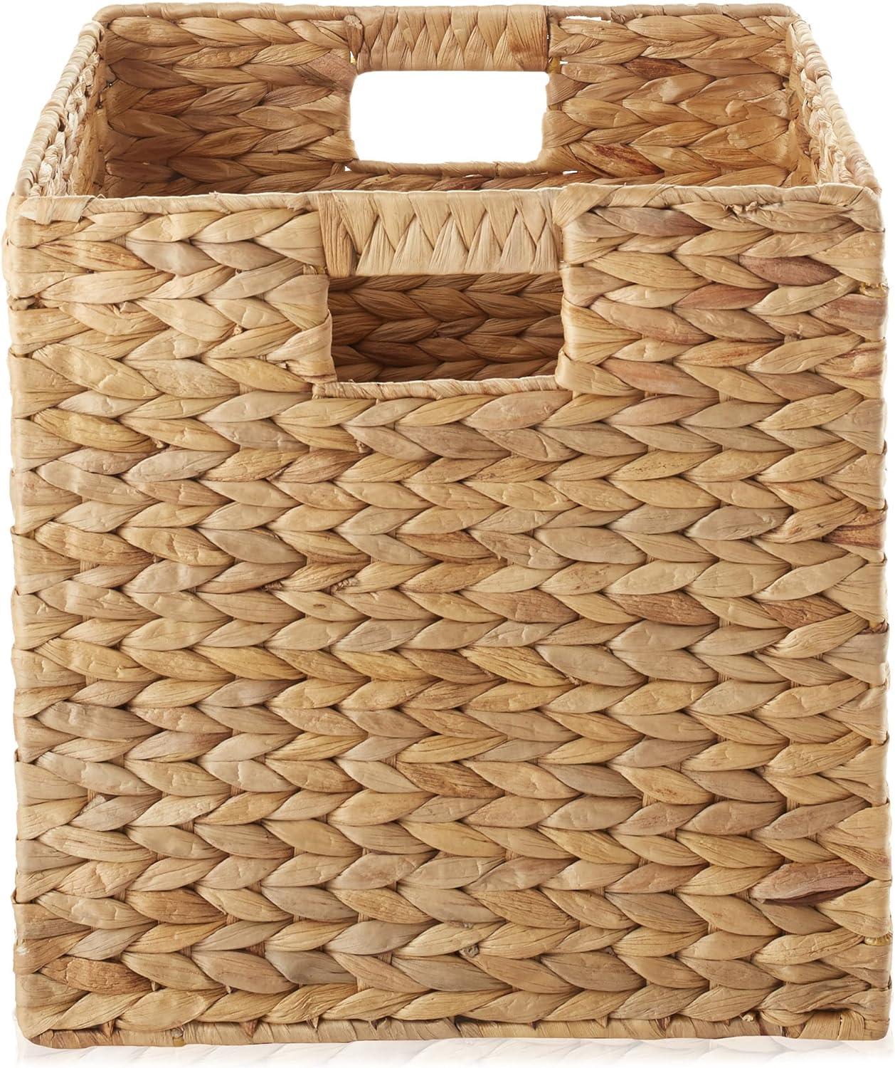 Casafield 12" x 12" Water Hyacinth Storage Baskets - Set of 2 Collapsible Cubes, Woven Bin Organizers for Bathroom, Bedroom, Laundry, Pantry, Shelves