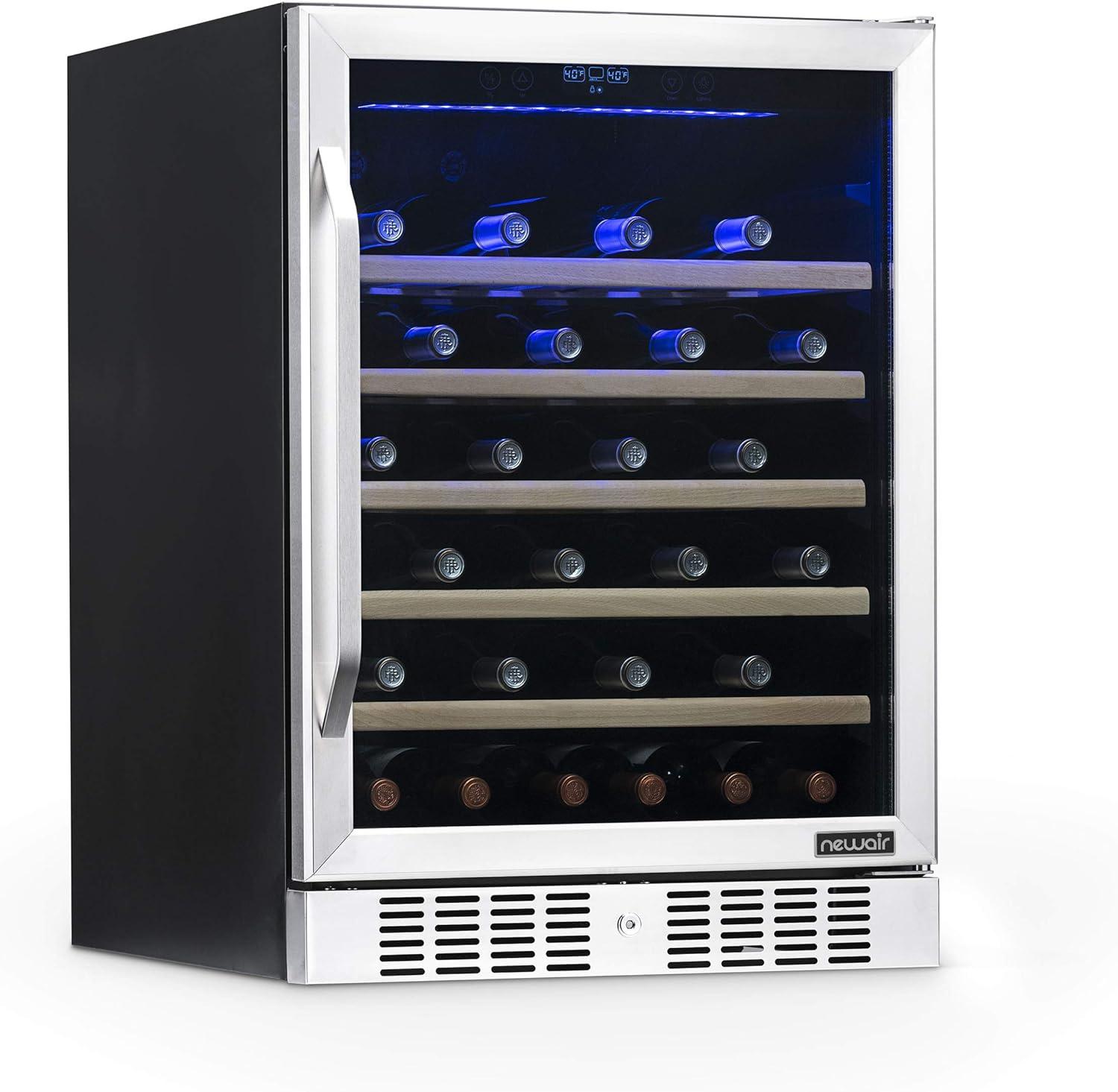 Newair 24" Built-in 52 Bottle Wine Refrigerator in Stainless Steel with Precision Digital Thermostat and Beechwood Shelves