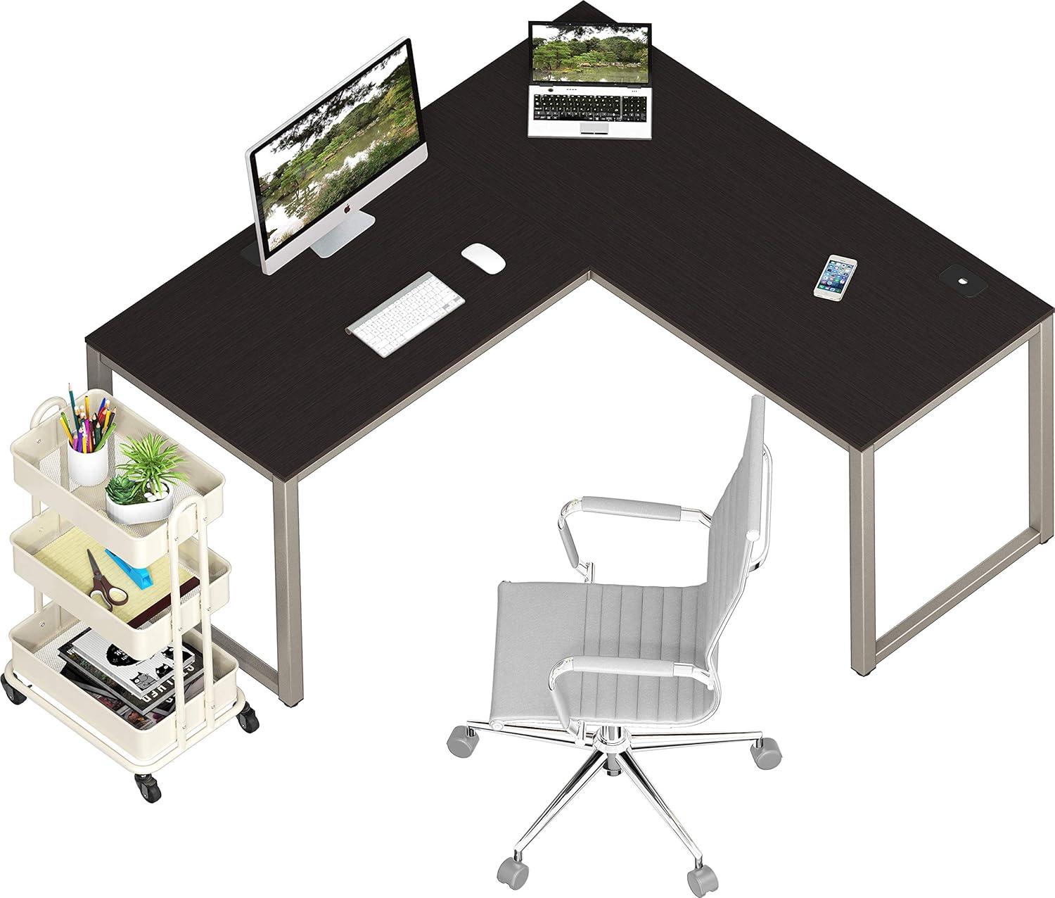 Espresso L-Shaped Corner Computer Desk with Metal Frame