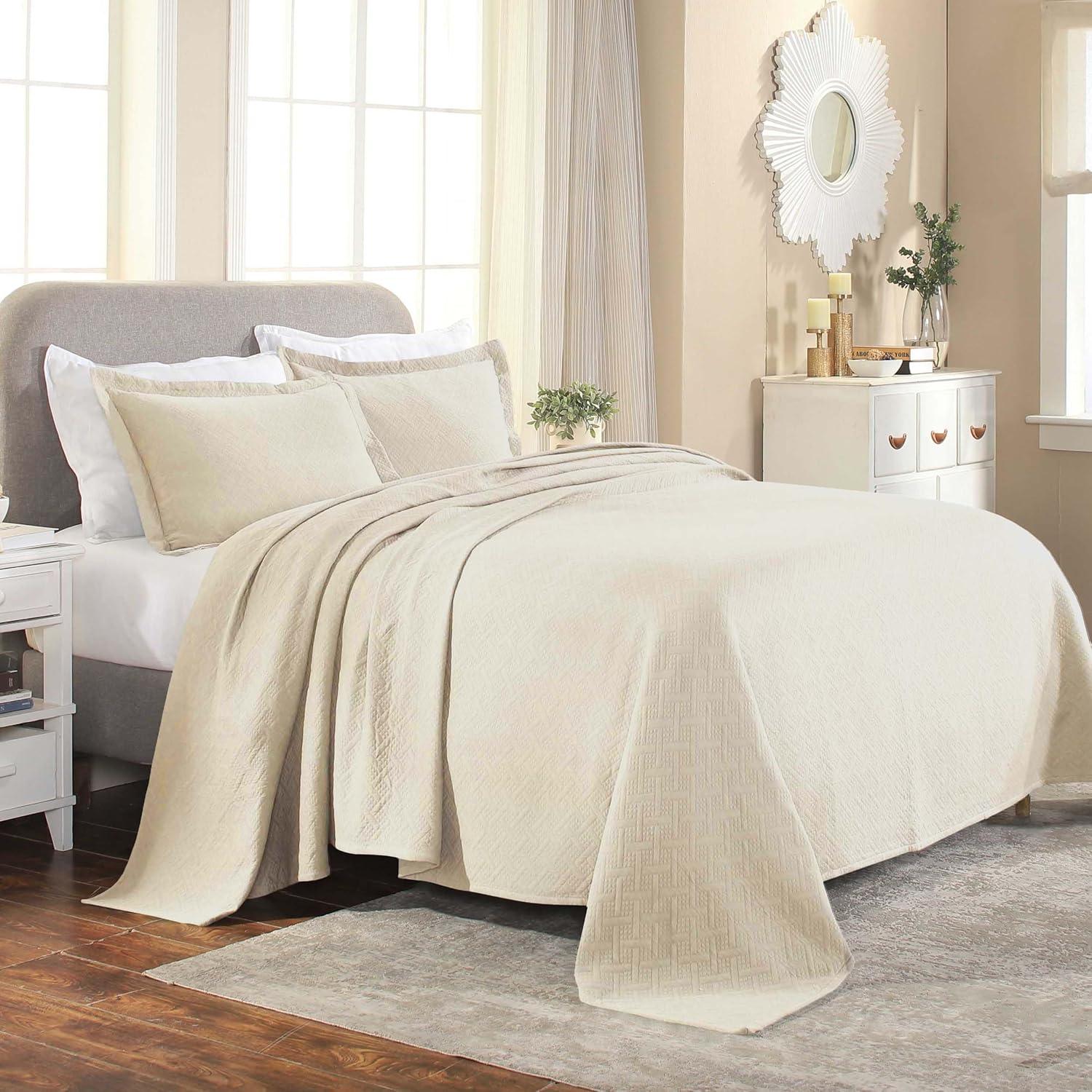 Superior 100% Cotton Basket Weave Bedspread 3 Piece Set, Twin, Ivory