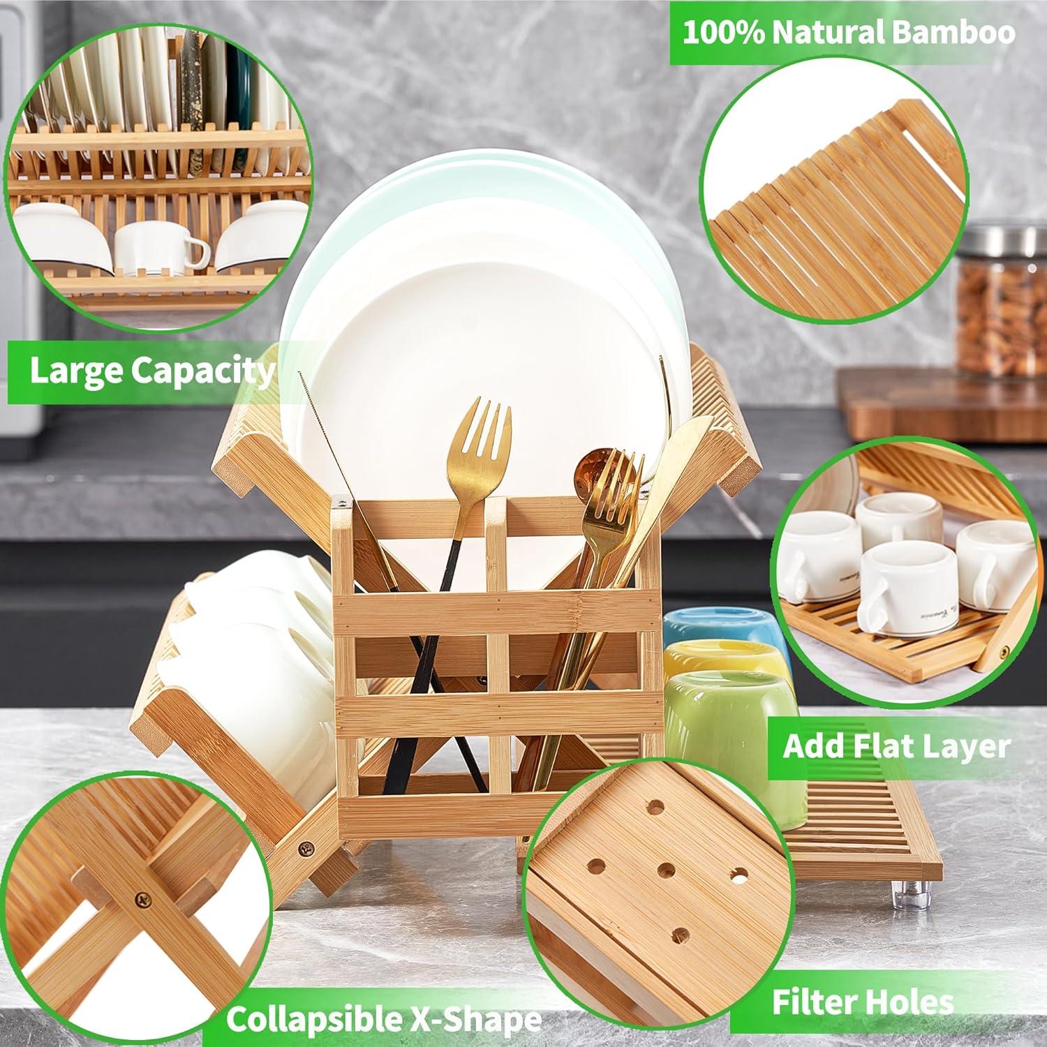 Bamboo Dish Drying Rack with Utensil Holder, Collapsible Wooden Dish Drainer Rack, 3-Tier Large Folding Drying Holder for Kitchen Counter