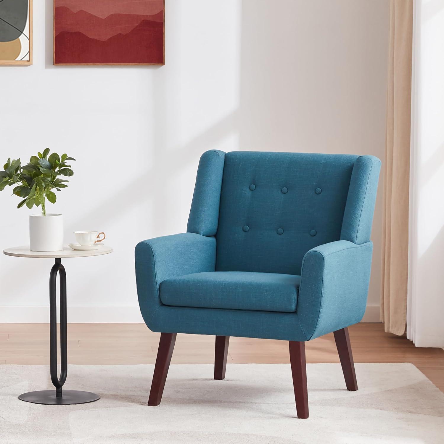 HUIMO Modern Linen Upholstered Armchair Tufted Accent Chair Lake Blue