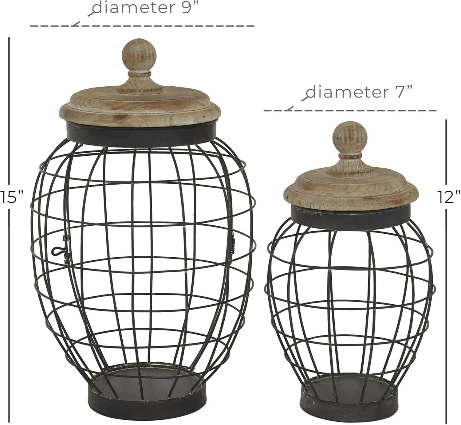 Black Metal Wire Decorative Jars with Wooden Lids, Set of 2