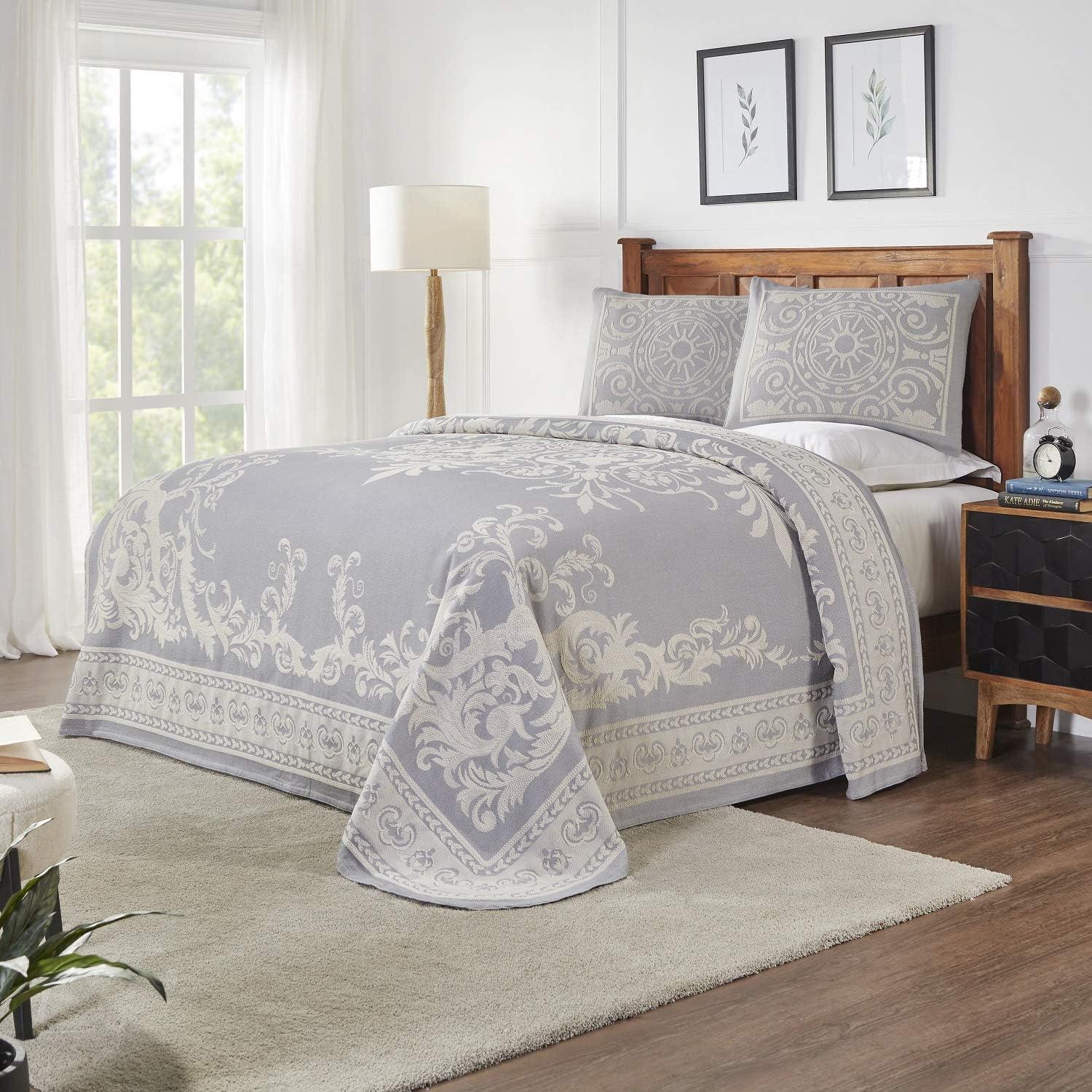 Slate Blue Cotton Blend Jacquard Medallion Bedspread Set