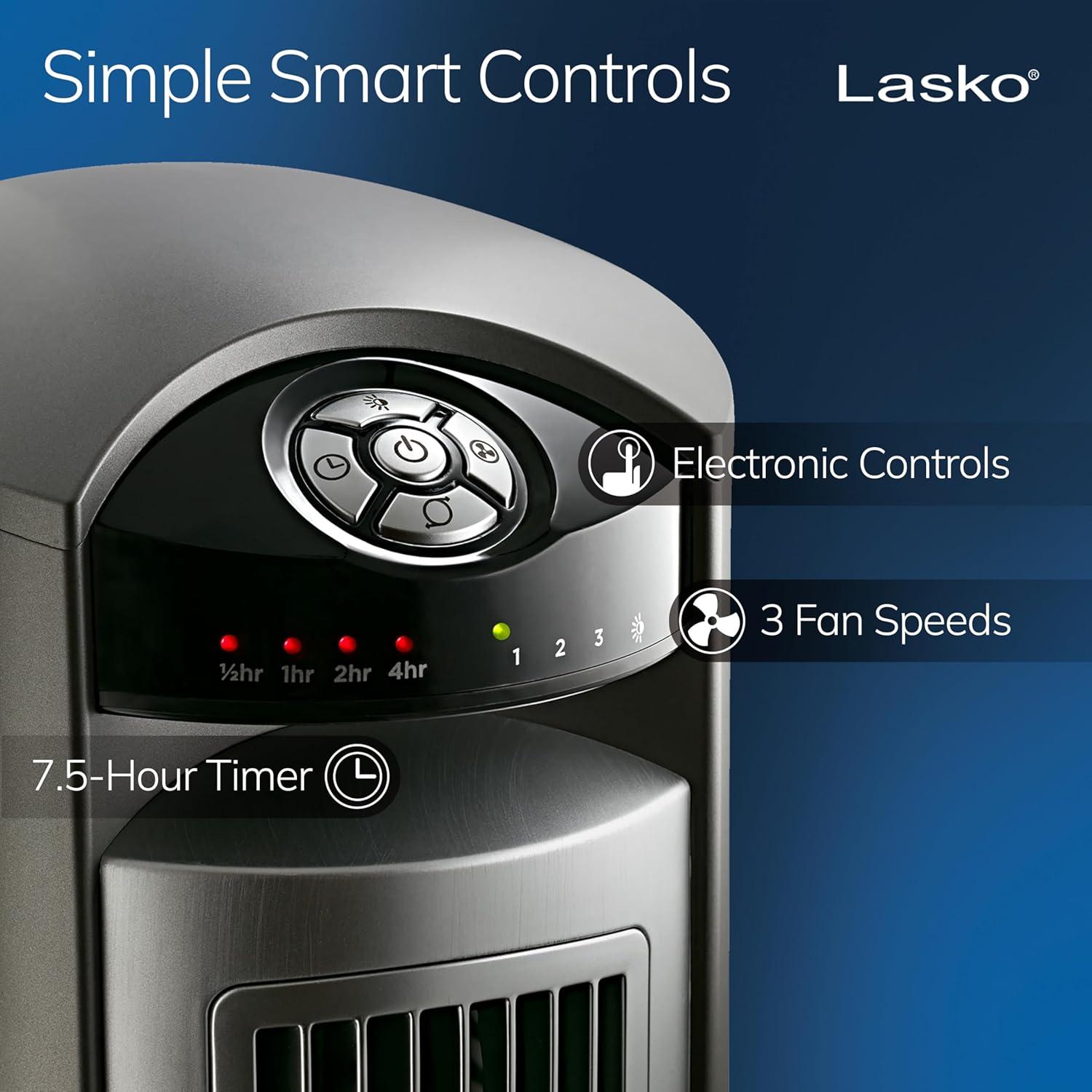 Lasko Wind Curve 42” 3-Speed Remote Controlled Oscillating Tower Fan, Silver, T42951 New