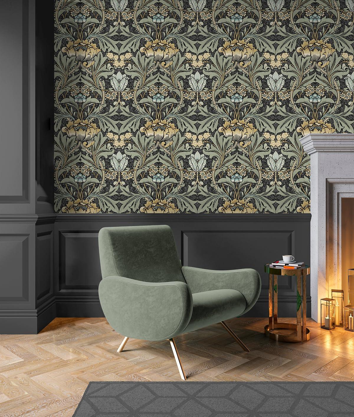 Seabrook Designs  Acanthus Floral Prepasted Wallpaper 20.5 in. W x 33 ft. L - Charcoal & Goldenrod
