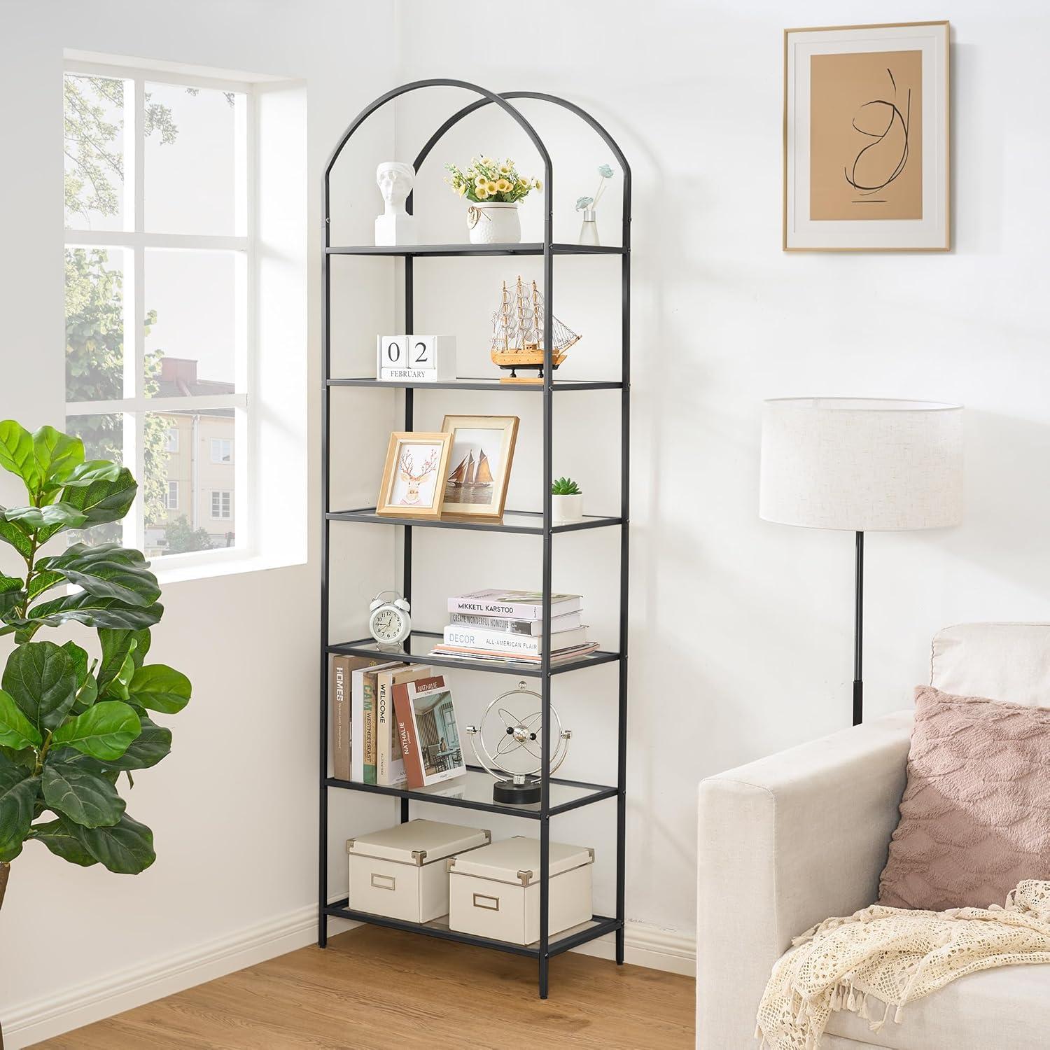 Bookcase Bookshelf, Tempered Glass Arched Bookshelf for More Storage, Slim Shelving Unit for Bedroom, Bathroom, Home Office, Steel Frame, 6 Tier Black BC20699B