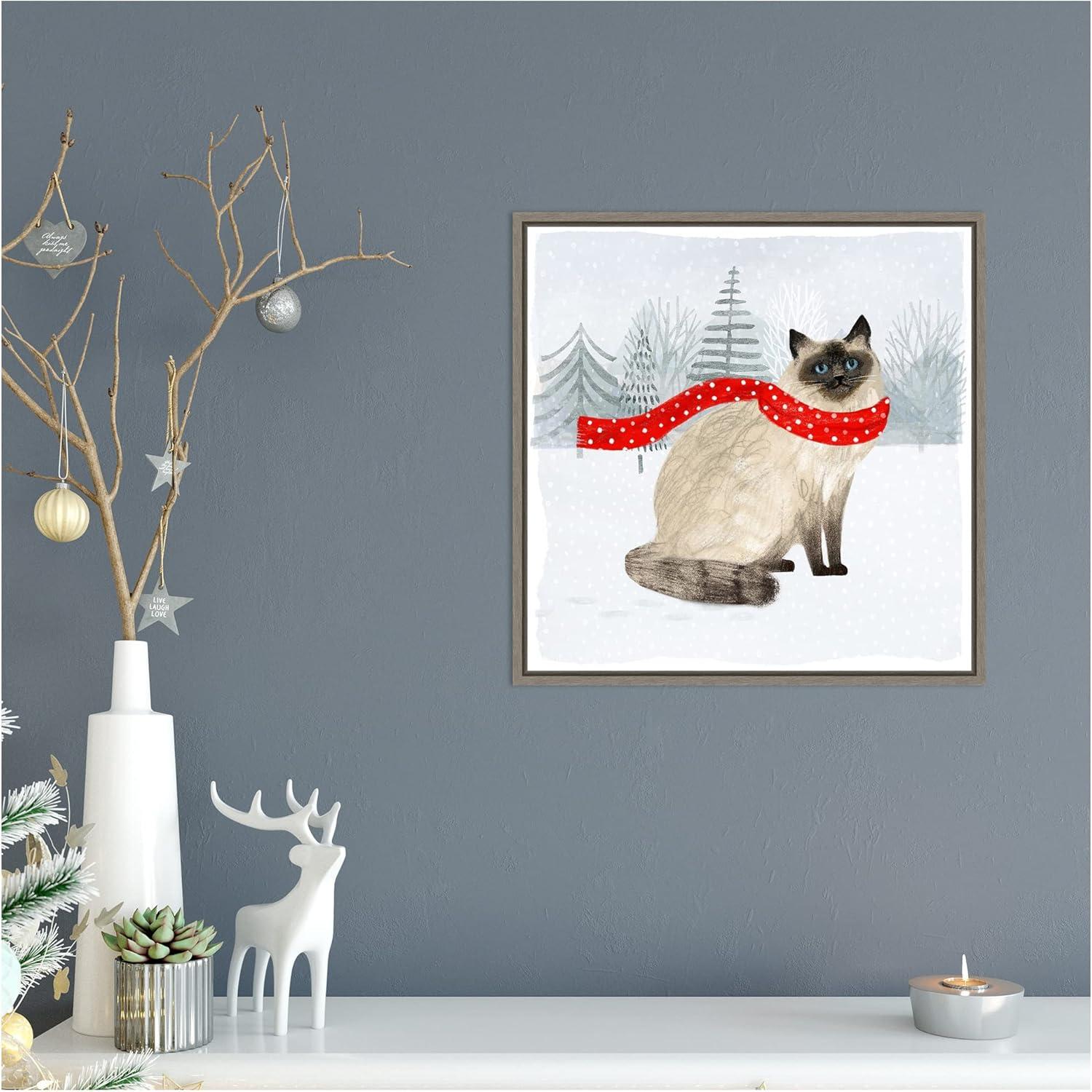 Christmas Himalayan Cat Print on Canvas with Greywash Frame