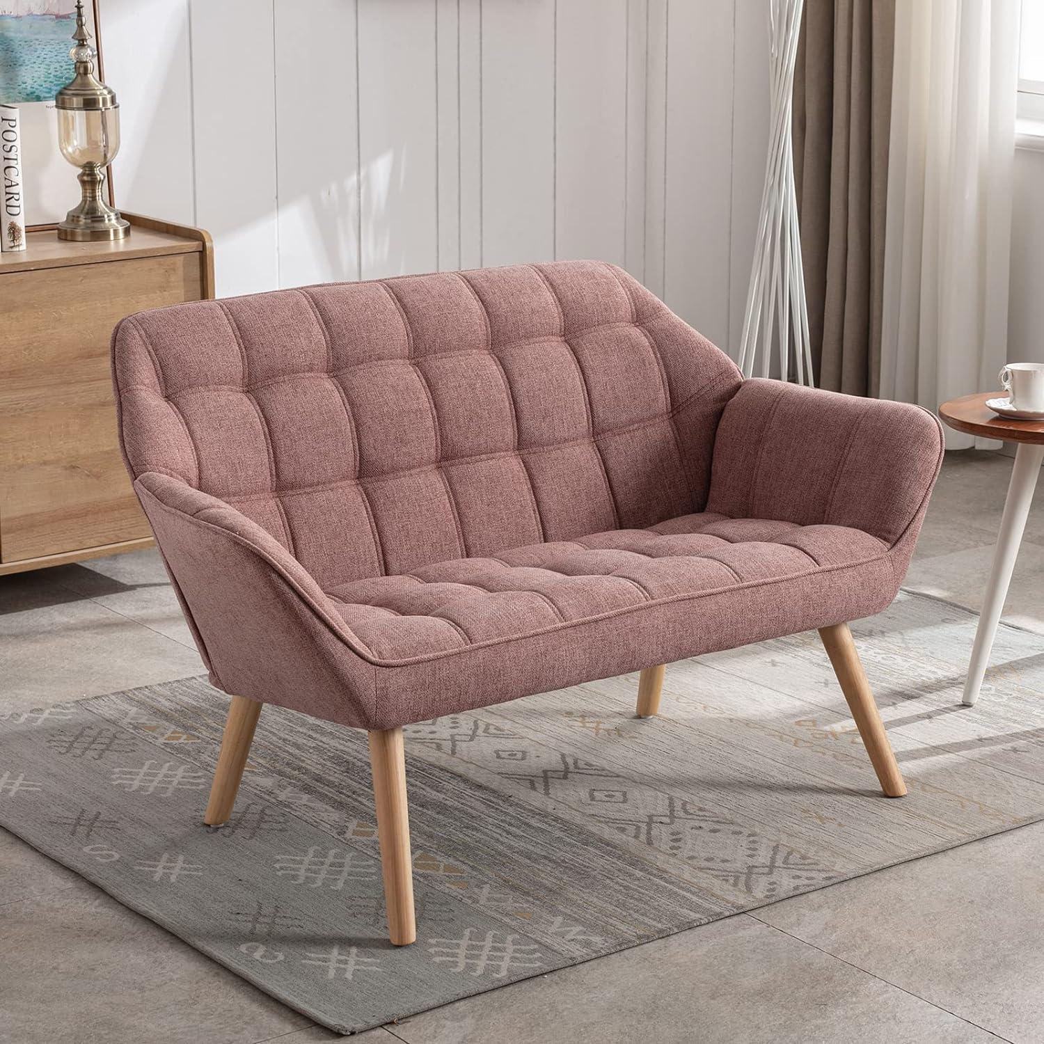 Pink Linen Plaid Loveseat with Wooden Legs