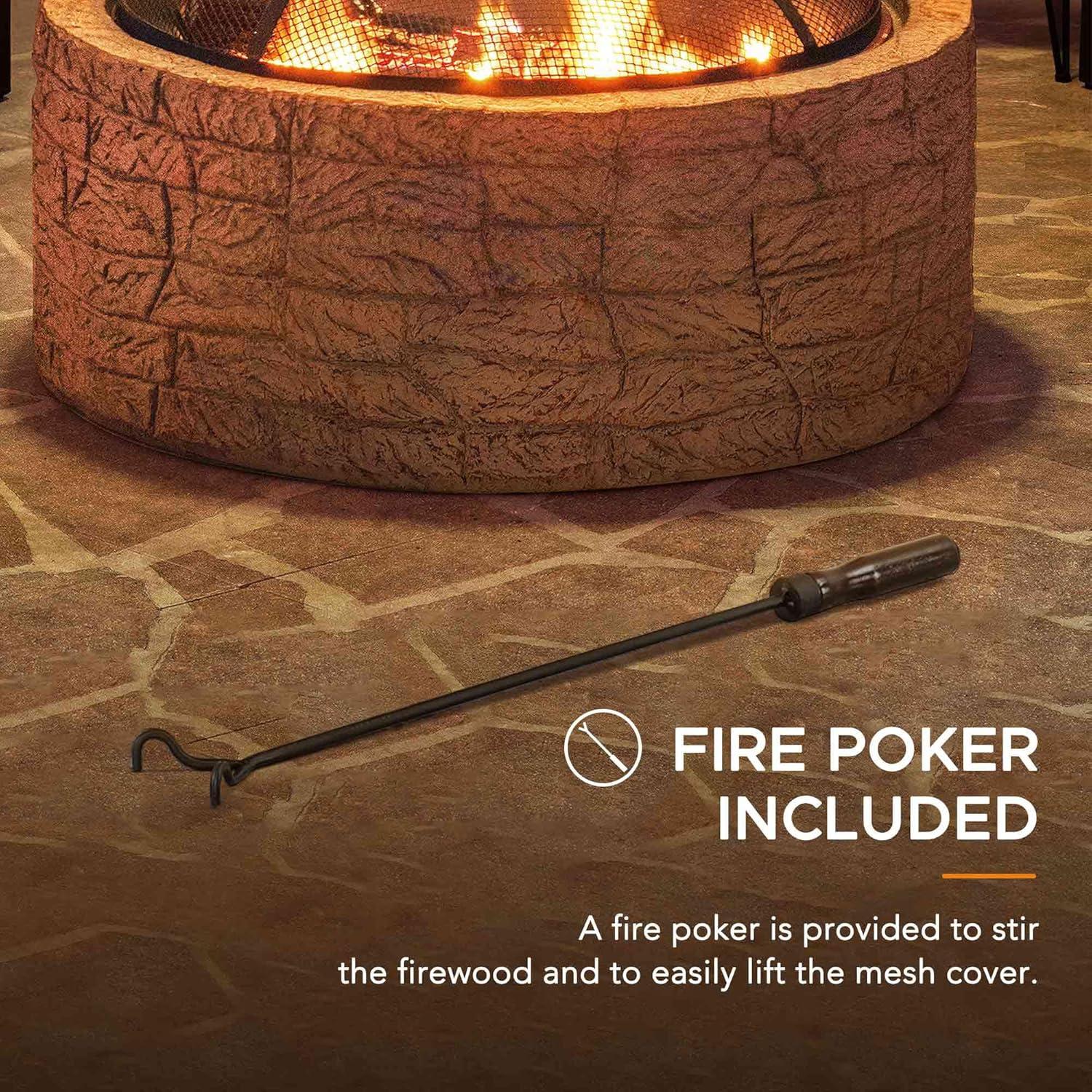 SUNJOY 26 Inch Stone Fire Pit, Patio Outdoor Round Wood Burning Fire Pits for Outside with Spark Screen and Poker, Khaki