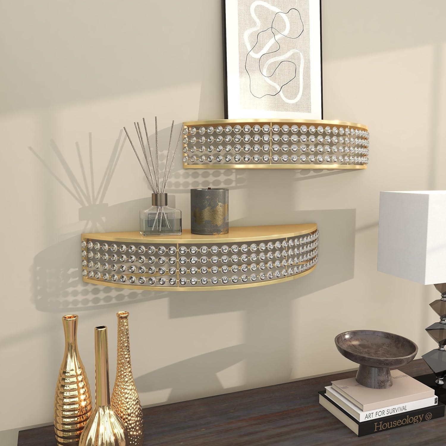 DecMode 5", 5"H 2-Tier Gold Wall Shelf with Crystal Embellishments (2 Count)