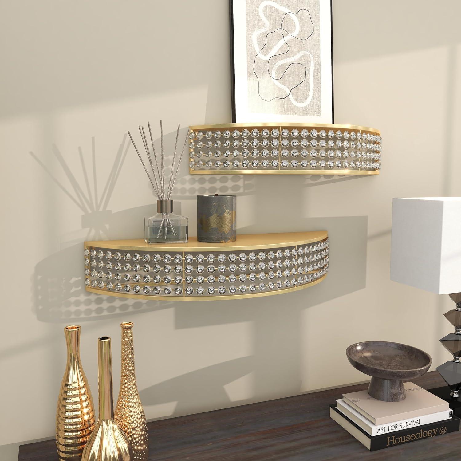 DecMode 5", 5"H Half-Moon 2-Tier Gold Wall Shelf with Crystal Embellishments (2 Count)