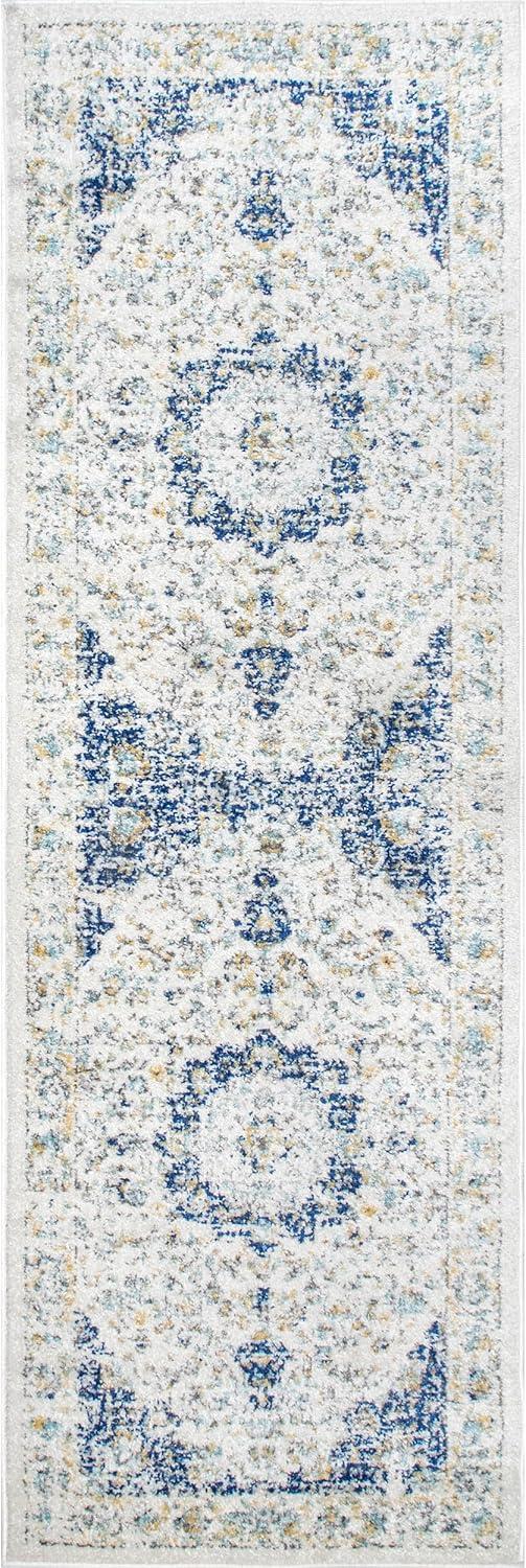 Blue and White Synthetic Reversible Runner Rug