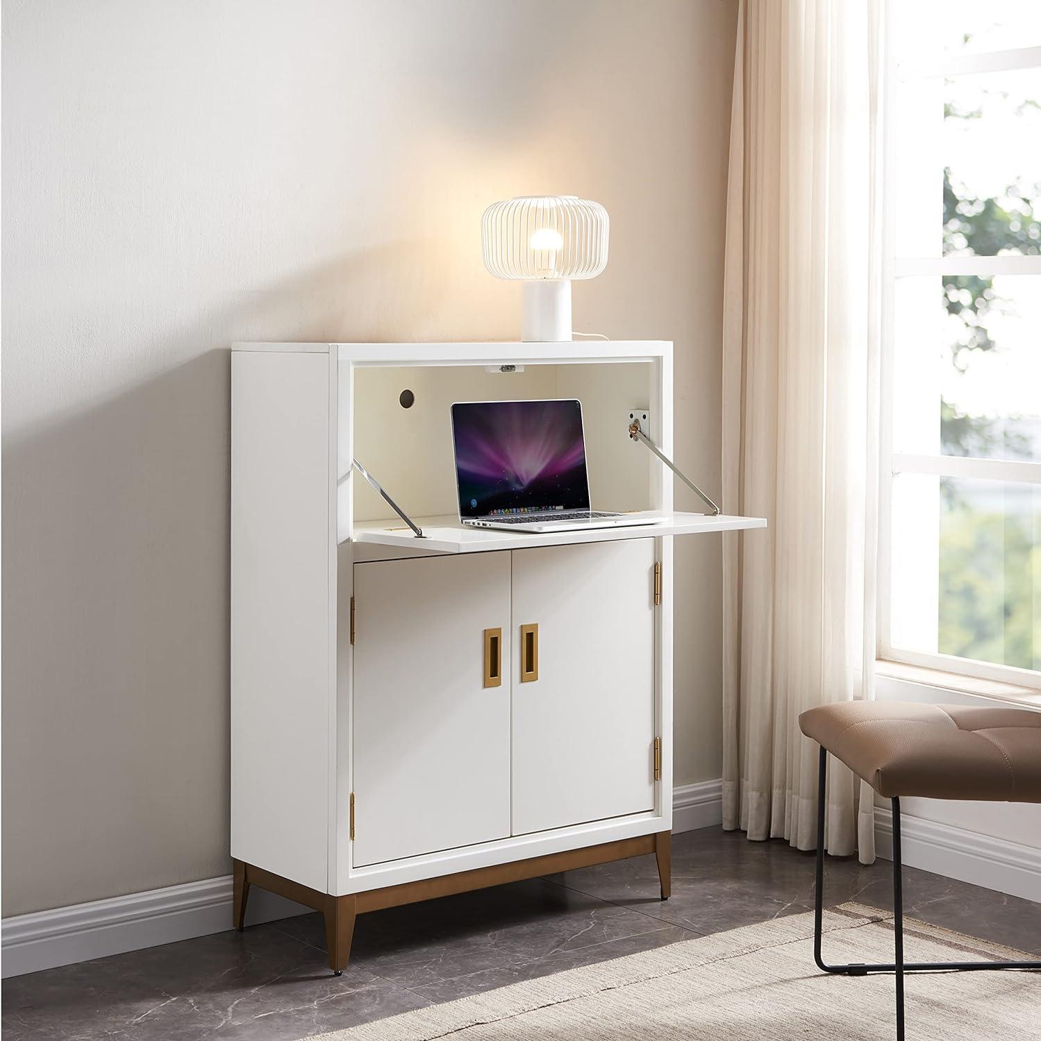 Elegant White and Gold Drop-Lid Hideaway Desk with Storage