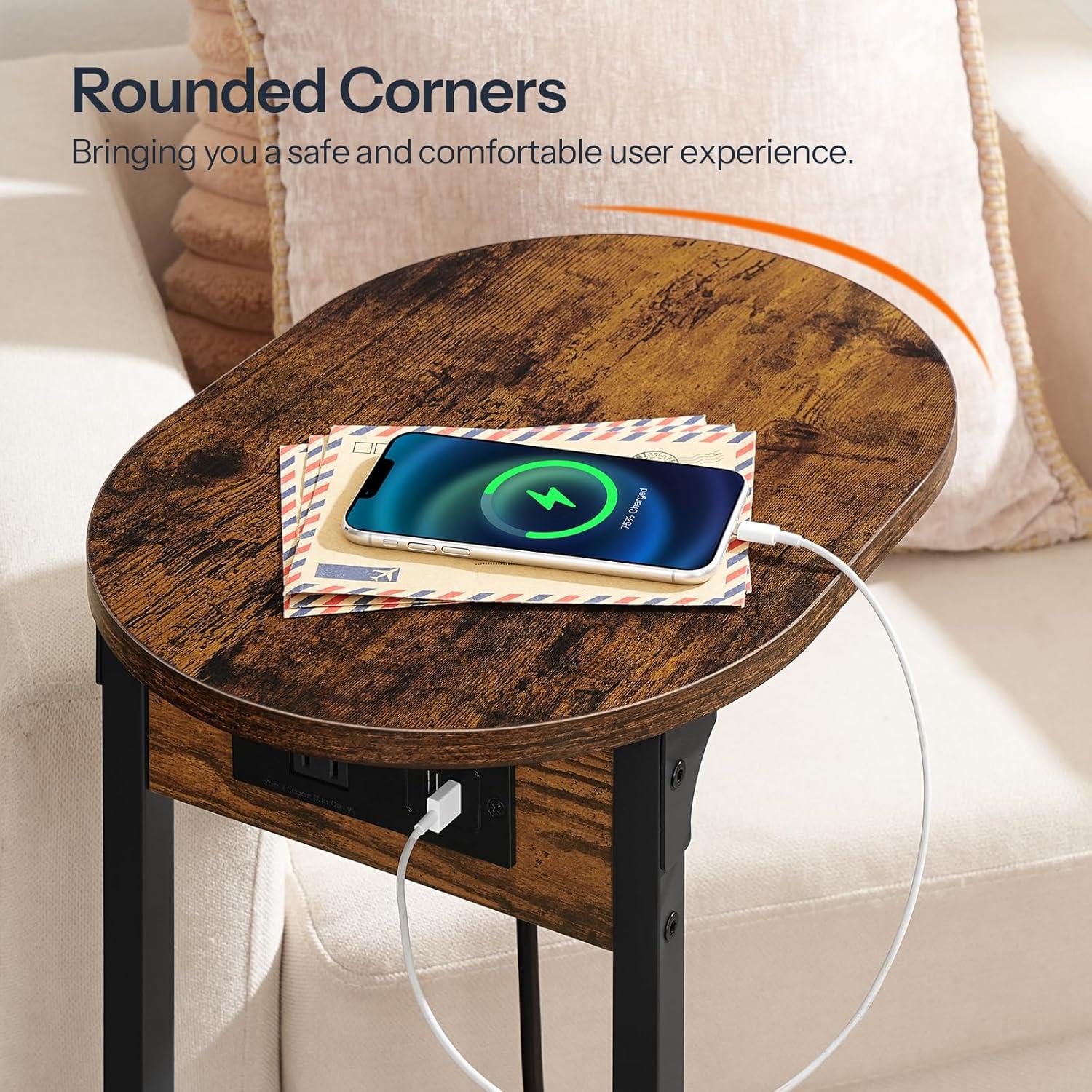 Rustic Brown and Black C-Shaped Side Table with Charging Station