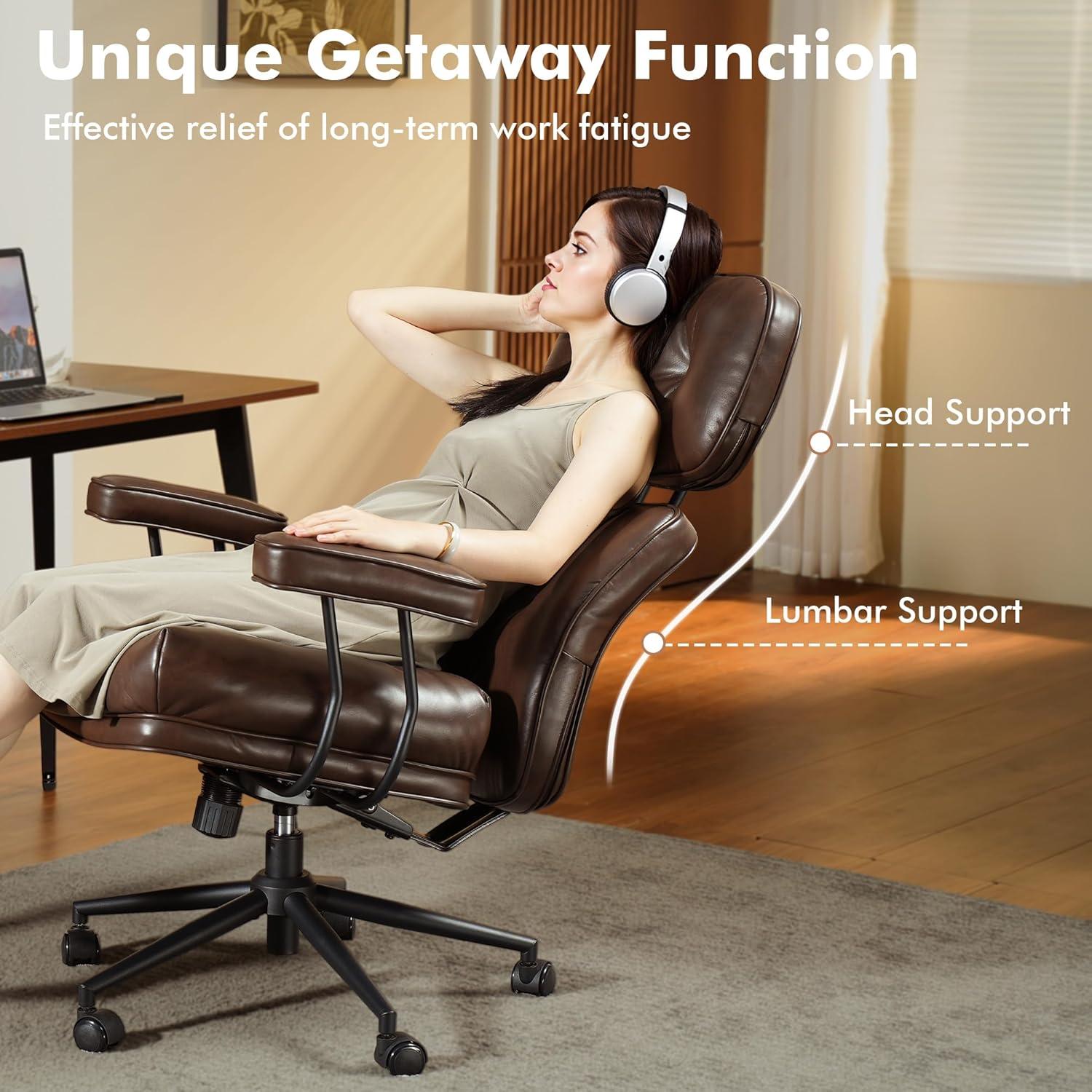 Kro PU Fabric Swivel Ergonomic Office Task Chair in Dark Brown with Recliner High Back Lumbar Support Adjustable Arms