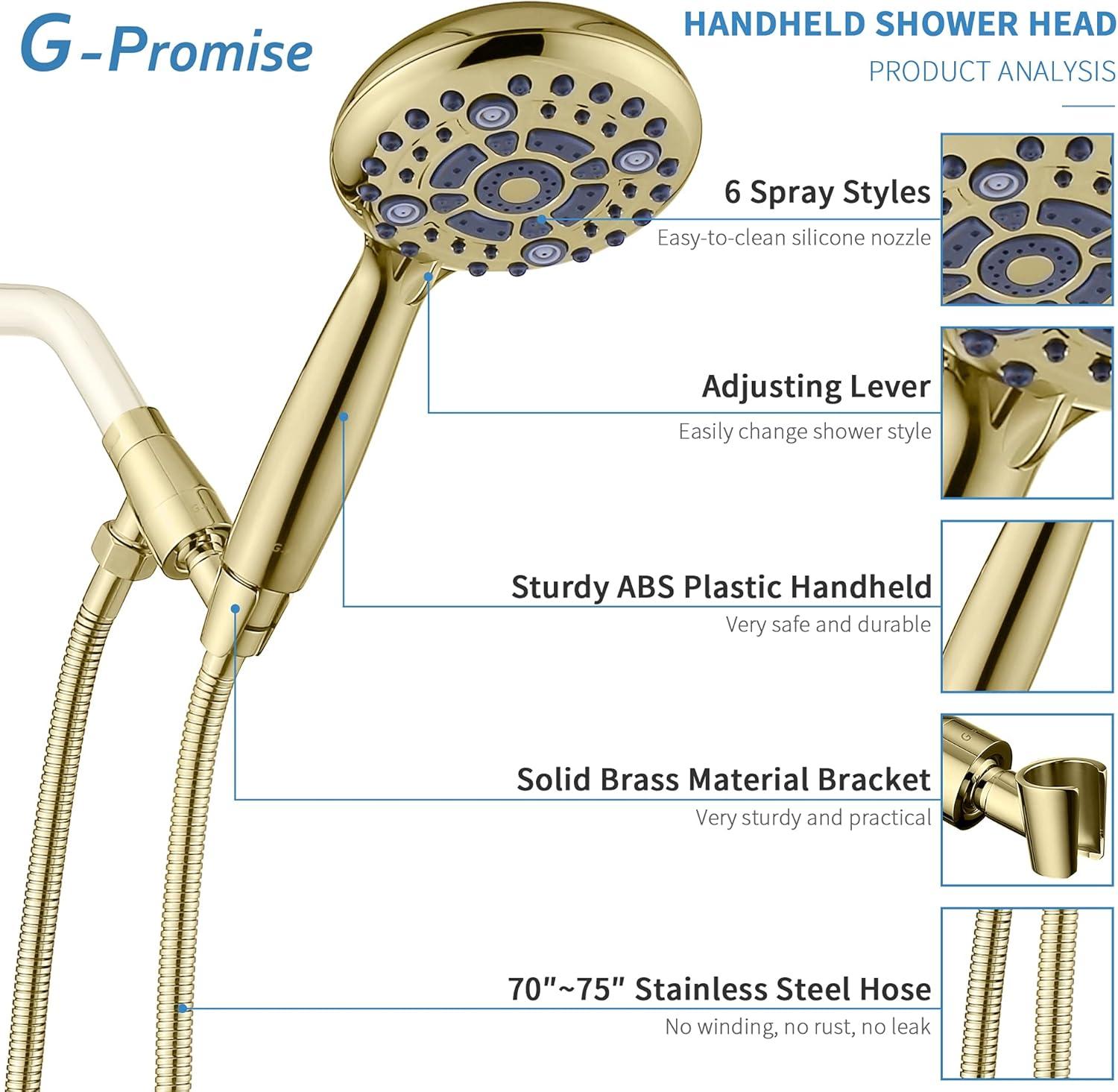 G-Promise Handheld Shower Head High Pressure 6 Spray Settings, Detachable Hand Held Showerhead 4.9 Inch Face with Extra Long Flexible Hose and Metal Adjustable Bracket