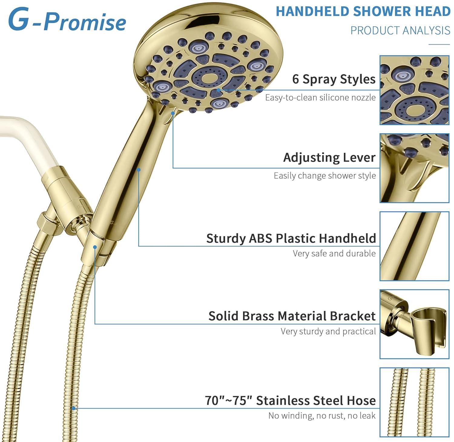 G-Promise Handheld Shower Head High Pressure 6 Spray Settings, Detachable Hand Held Showerhead 4.9 Inch Face with Extra Long Flexible Hose and Metal Adjustable Bracket