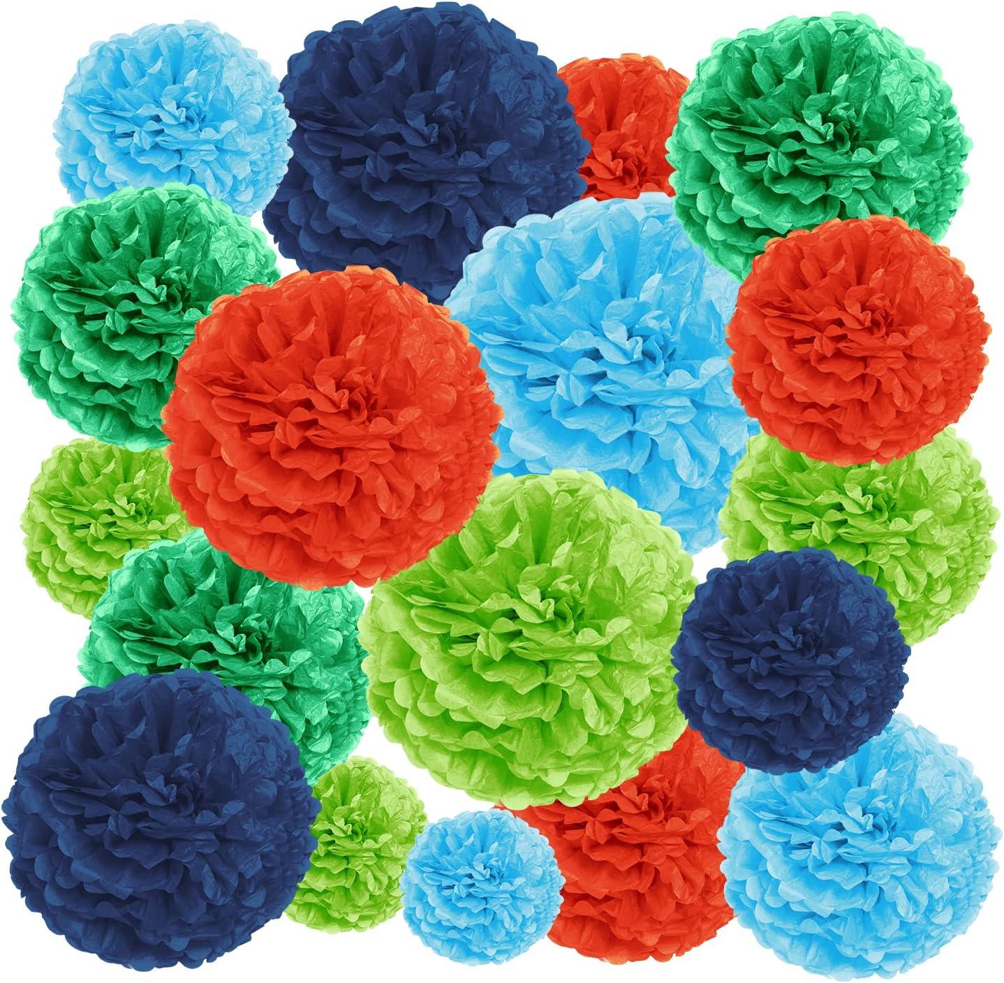 20-Piece Tissue Paper Pom Poms Party Decorations Kit - Orange, Blue, Teal, Green & Light Green | 6", 8", 10", 12" & 14"