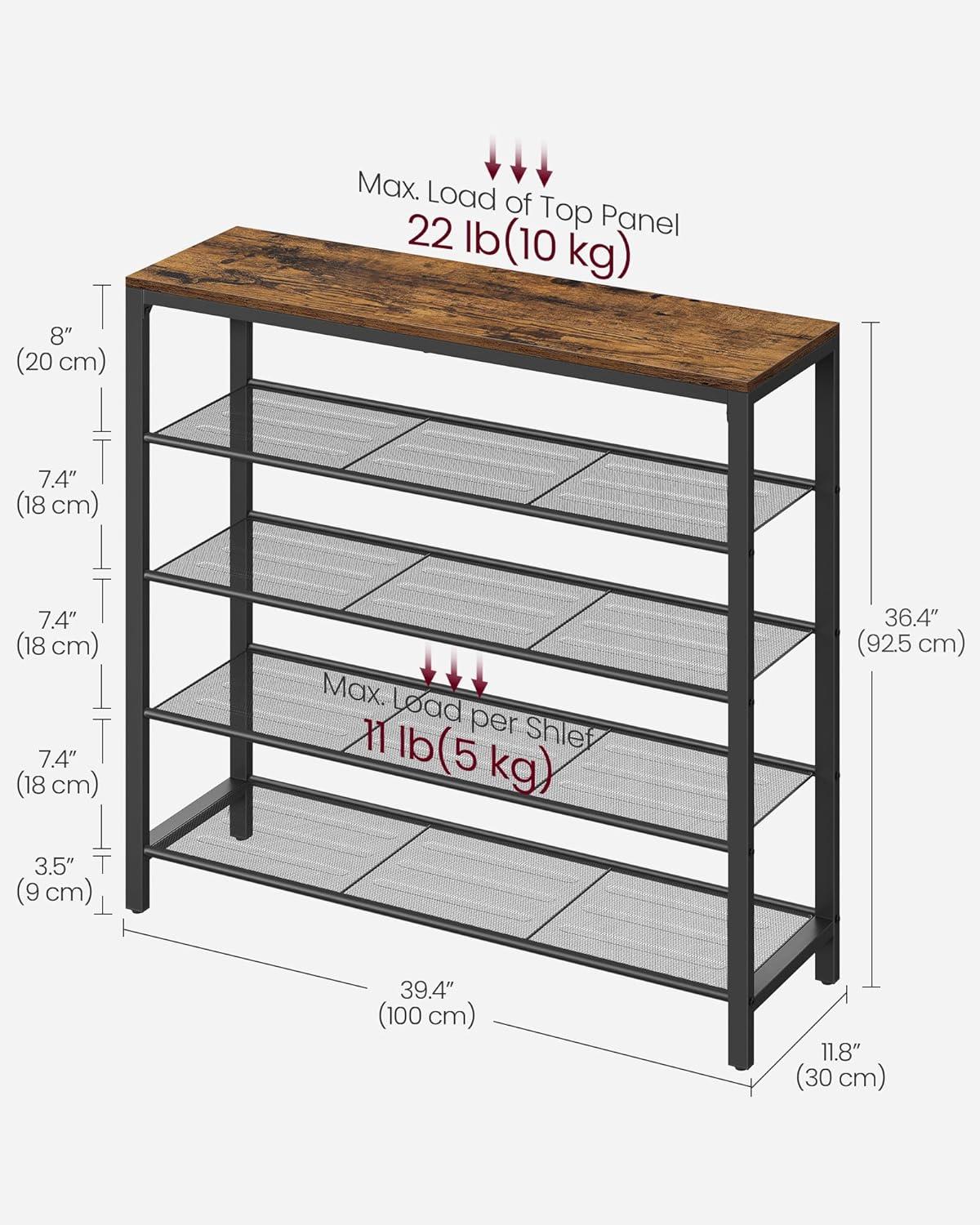 VASAGLE INDESTIC Shoe Rack - 5-Tier Storage Organizer with 4 Mesh Shelves