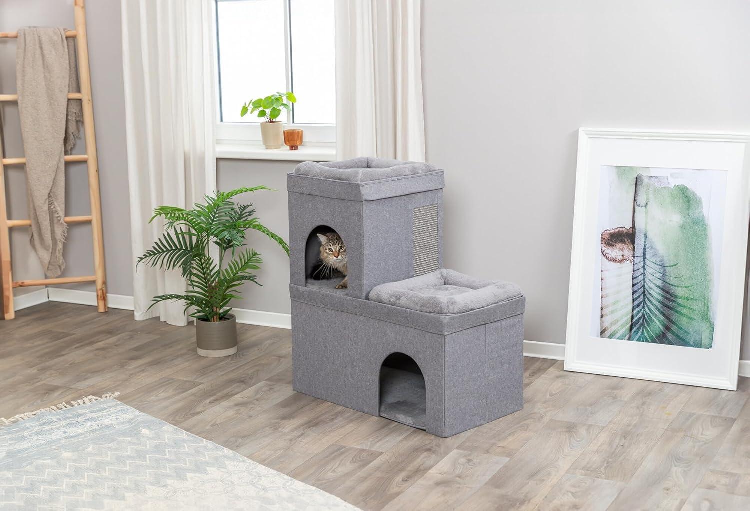 TRIXIE Crazy Cube Stackable 2-Story Indoor Cat Condo, Cat House with Scratching Pad, Gray