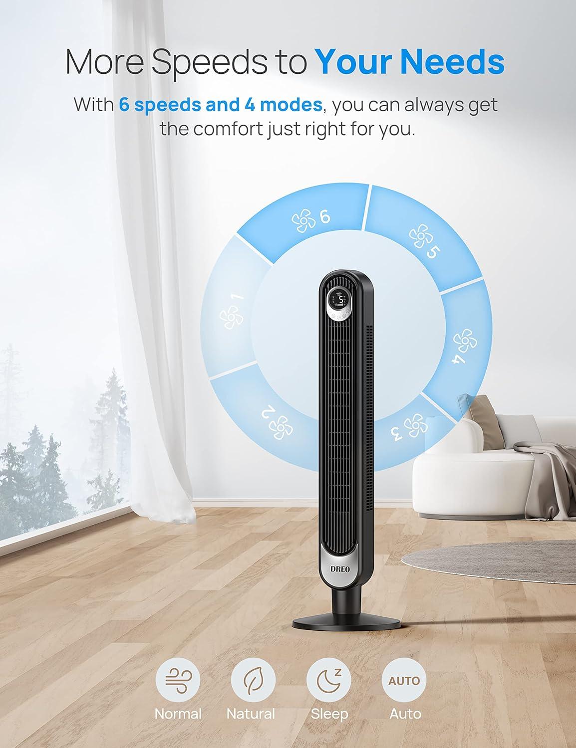 Black Bladeless Oscillating Floor Fan with Remote and Six Speeds