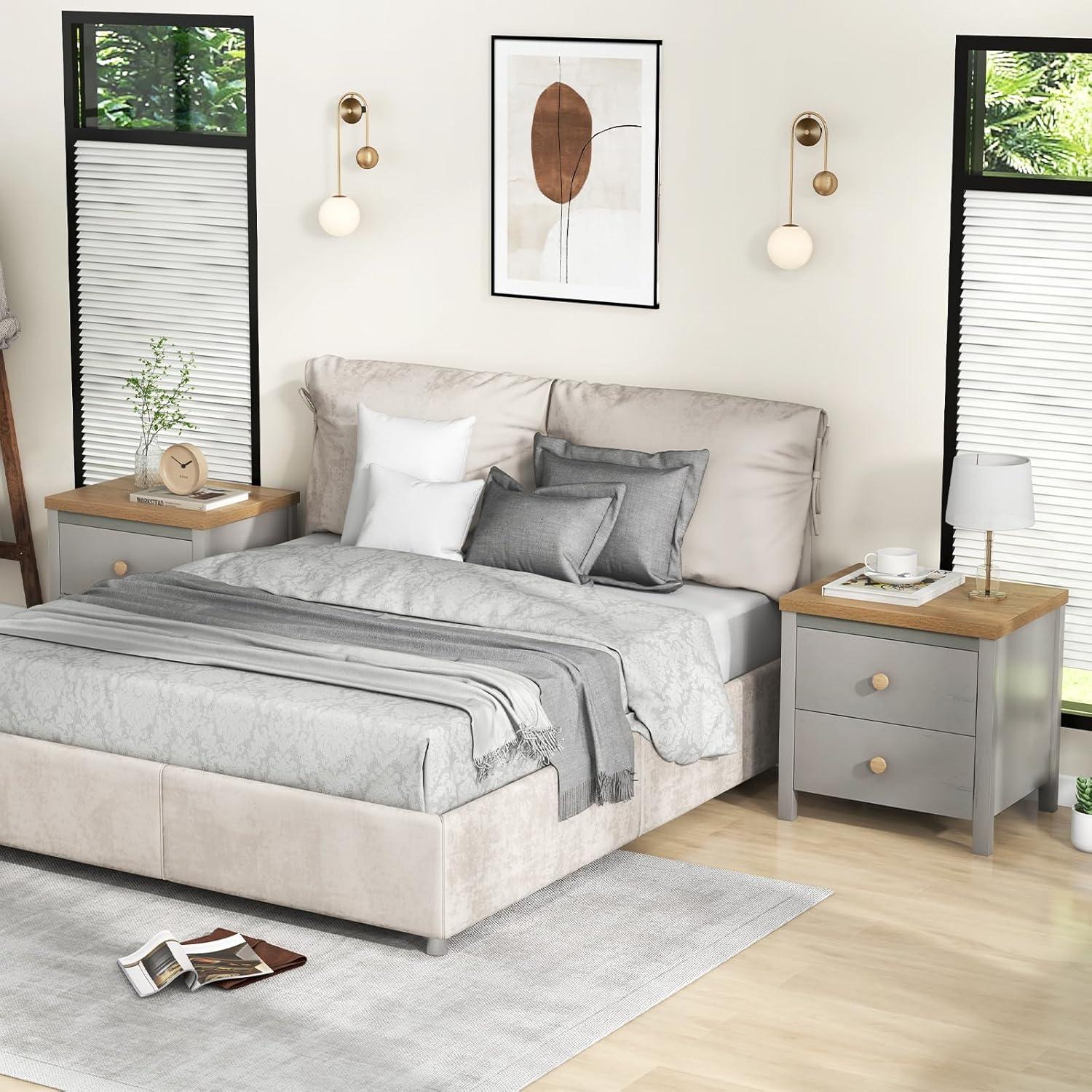 Giantex Night Stand with 2 Drawers, Farmhouse Bedside Table with Cute Round Knobs, Wooden Floor End Table with Rubber Wood Legs, Small Sofa Side Table for Small Space Kids Bedroom College, Grey