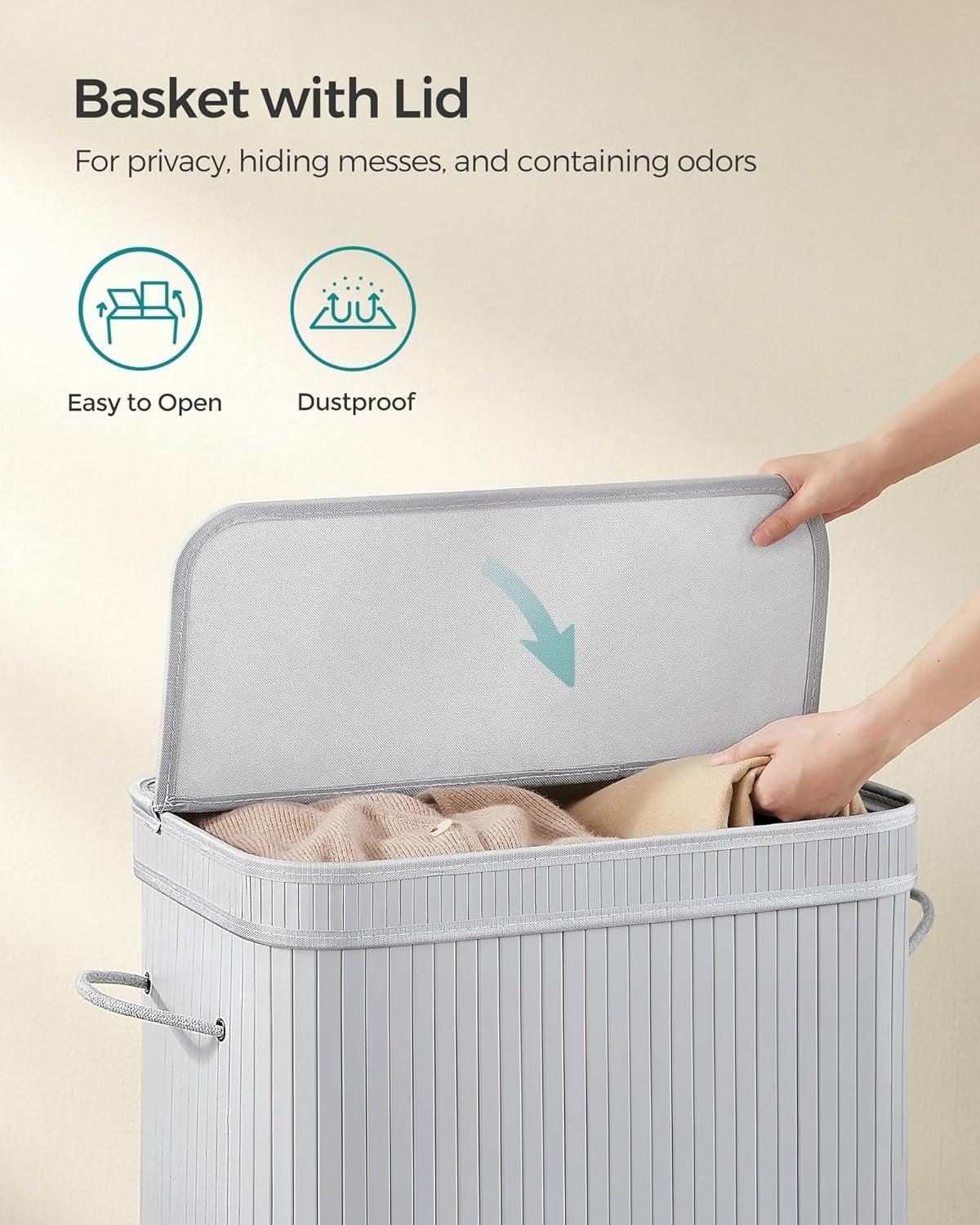 100L Laundry Hamper with Lid Bamboo Laundry Basket with Liner Bag Foldable Storage Hamper with Handles Gray