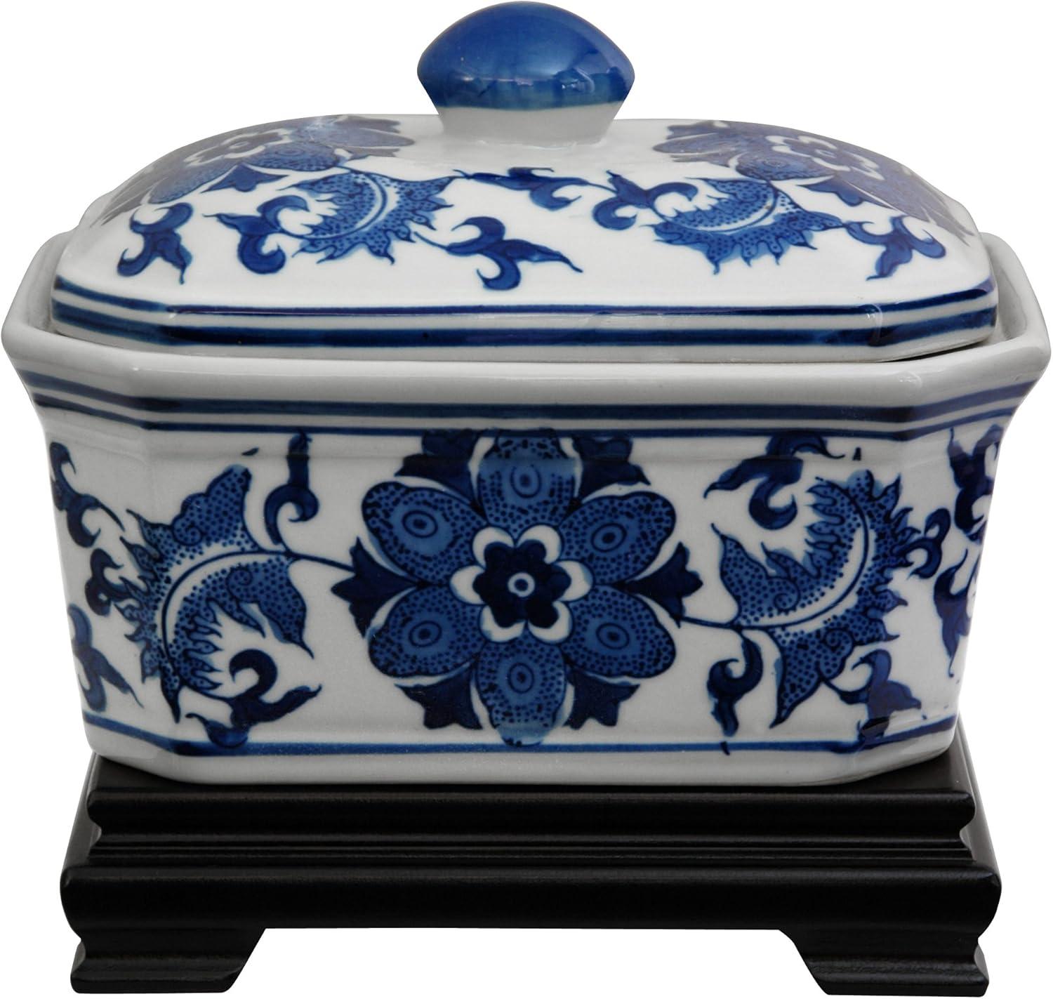 Oriental Furniture 8" Floral Blue & White Porcelain Covered Jar, decorative item