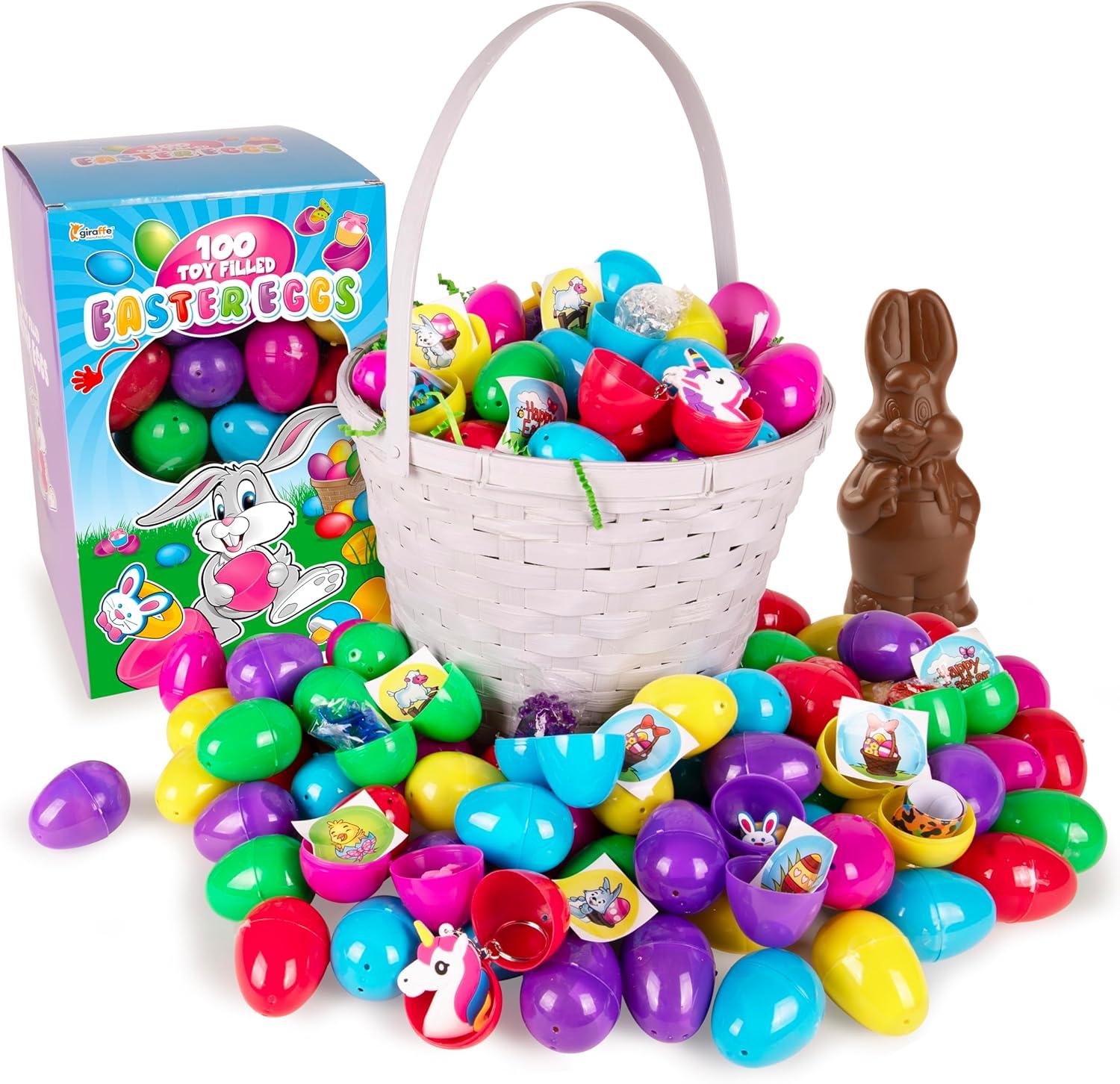 Giraffe 100 Pack Premium Prefilled Easter Eggs - Toy Filled Bulk Plastic Eggs for Kids with Slap Bracelets, Stickers, Light Up Rings - Perfect for Easter Egg Hunts - Bulk Prefilled Easter Eggs Toys!