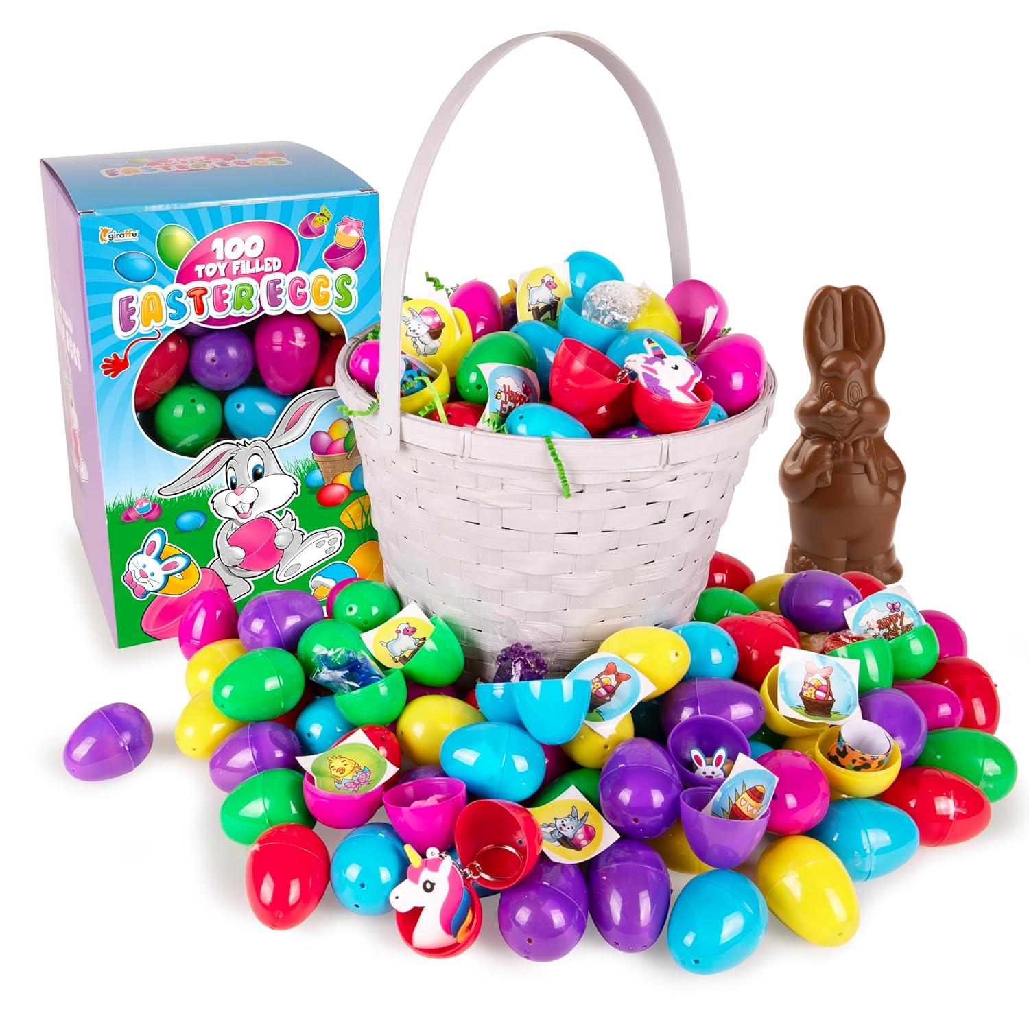 Giraffe 100 Pack Premium Prefilled Easter Eggs - Toy Filled Bulk Plastic Eggs for Kids with Slap Bracelets, Stickers, Light Up Rings - Perfect for Easter Egg Hunts - Bulk Prefilled Easter Eggs Toys!