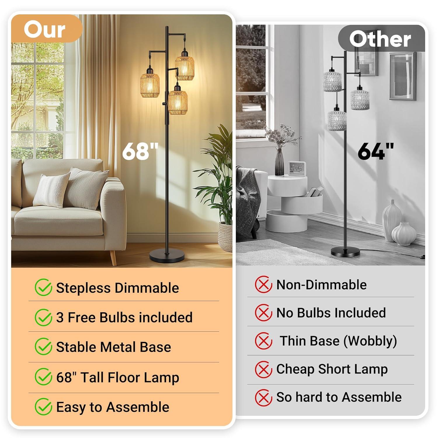 Breakwater Bay Dimmable Boho Floor Lamp - 3 Light Farmhouse Rattan Floor Lamp For Living Room, Industrial Tree Floor Lamps With 3 X 6W LED Bulbs, Rustic Standing Tall Lamp For Bedroom, 68", Black + Gray