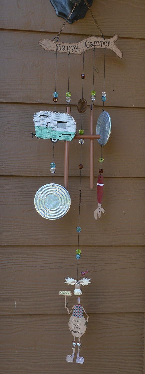 Rustic Metal Moose Wind Chime with Retro Trailer Design