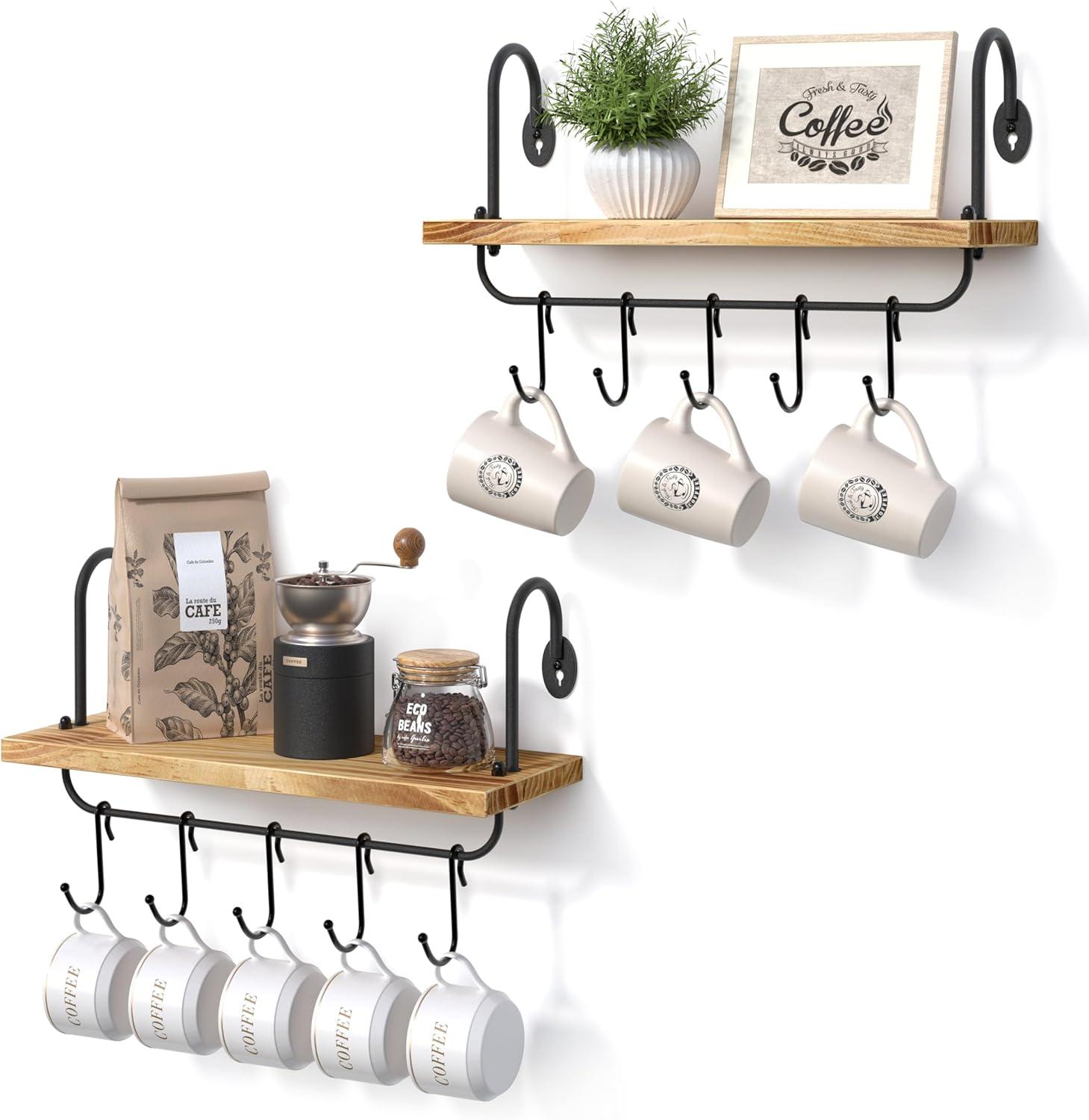 Carbonized Black Wood Floating Kitchen Shelves with Hooks