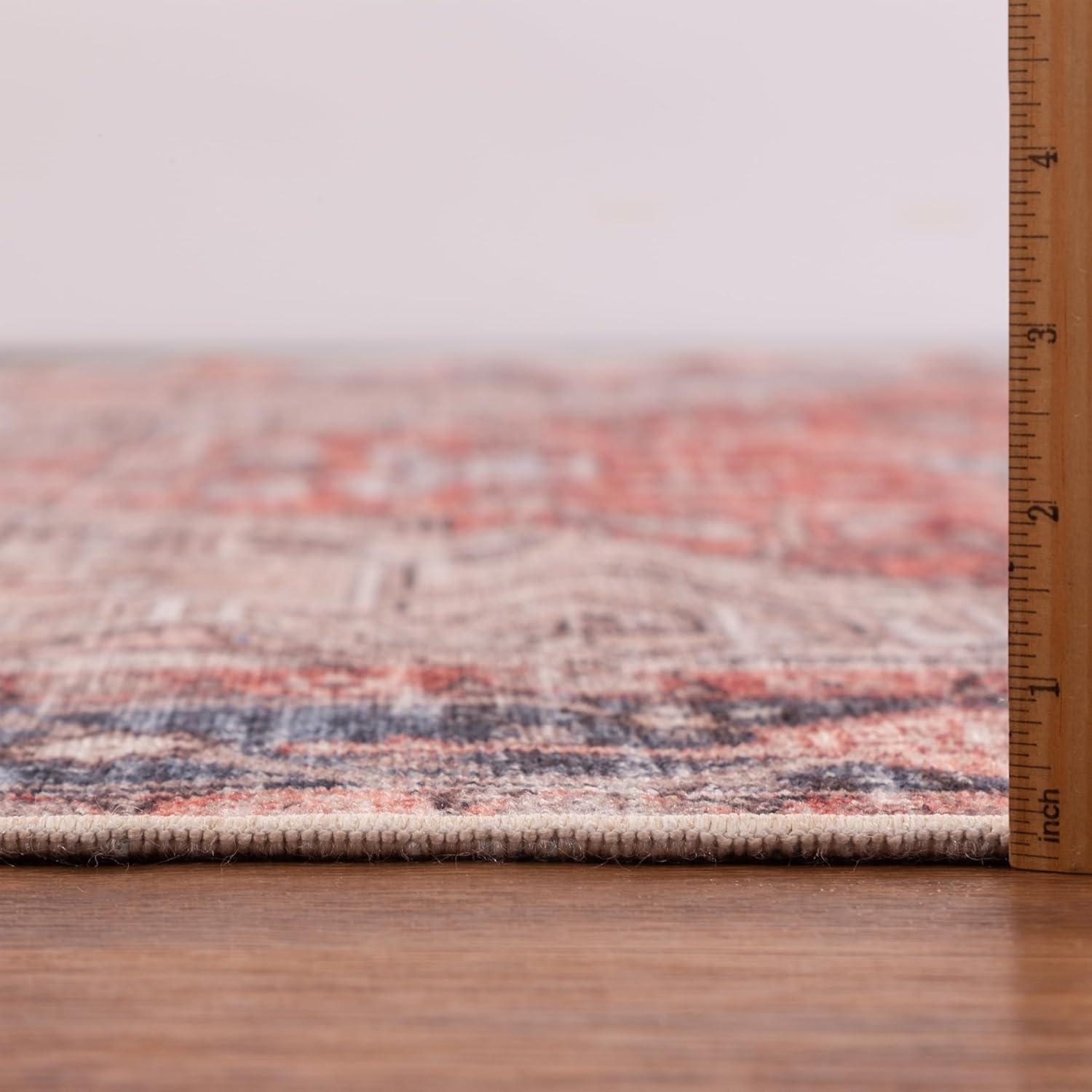 Machine Washable Thin Area Rug - Oriental Vintage Rust Red Kitchen, Bedroom, Hallway, Bathroom, and Entryway 3x5 Rugs - Stain and Water-Resistant - Non-Slip - Pet and Kid Friendly