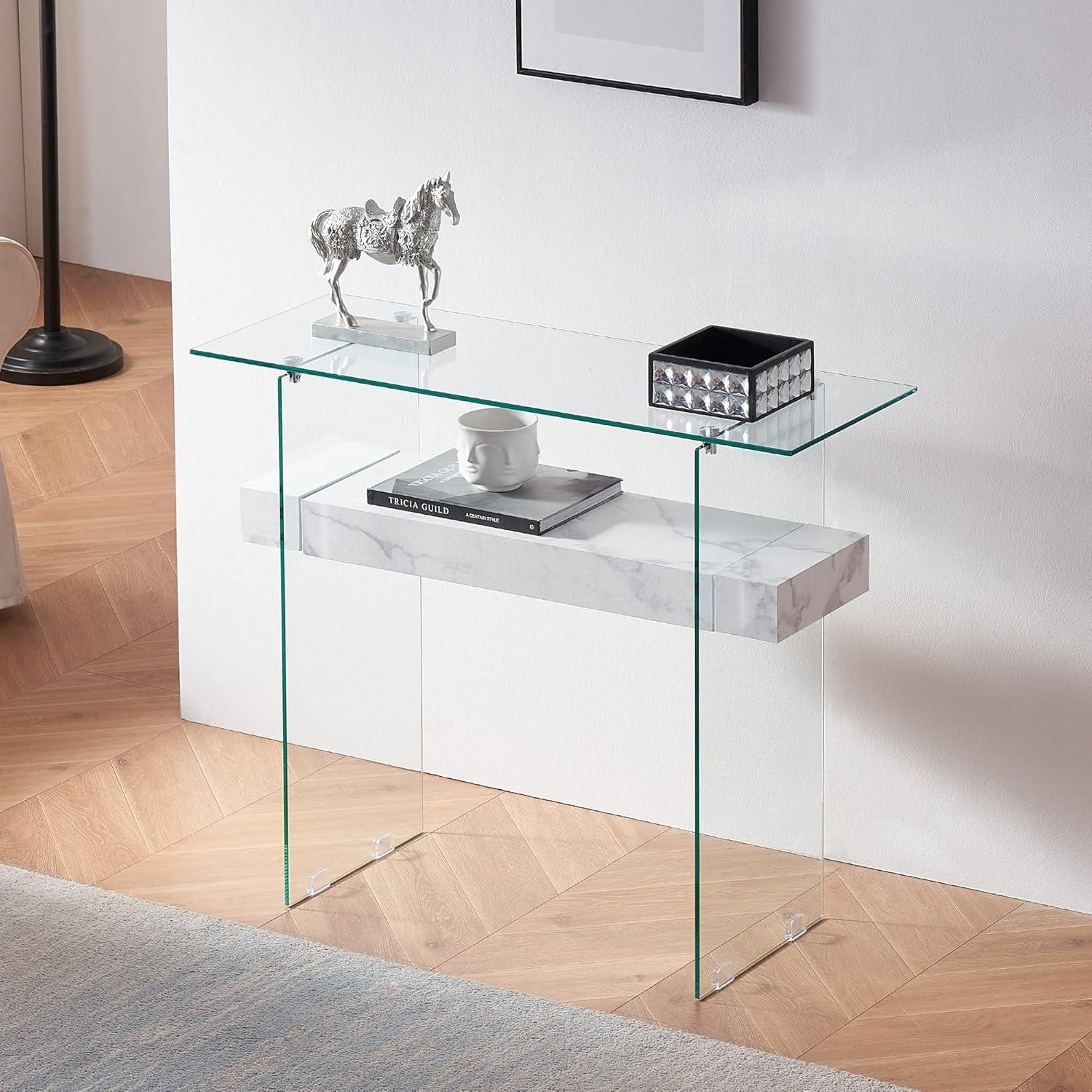 Sleek Dark Brown Glass-Top Console Table with Storage, 39.4"