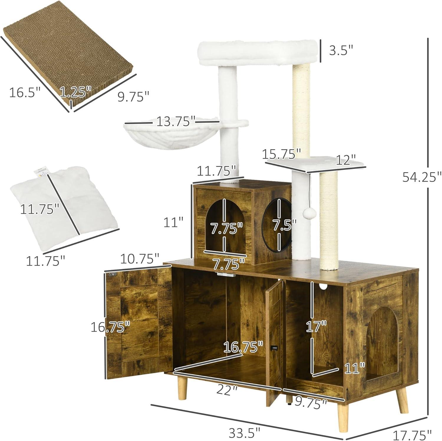 PawHut Cat Tree with Litter Box Enclosure, 2-in-1 Cat Tower Litter Box Furniture Indoor, Cat Condo with Hammock, Scratching Posts Pad, Rustic Brown