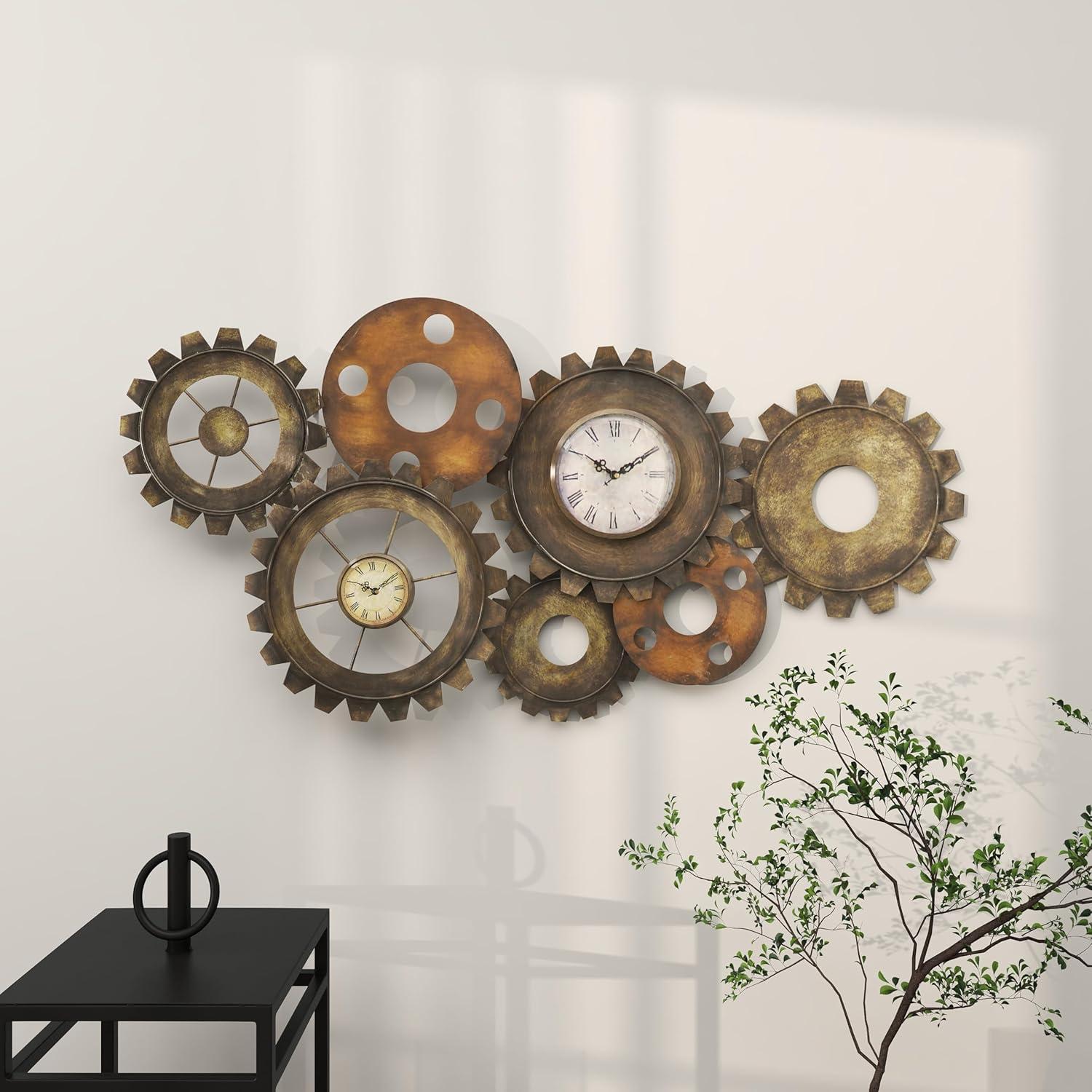 DecMode 34" x 17" Brown Metal Gear Wall Clock