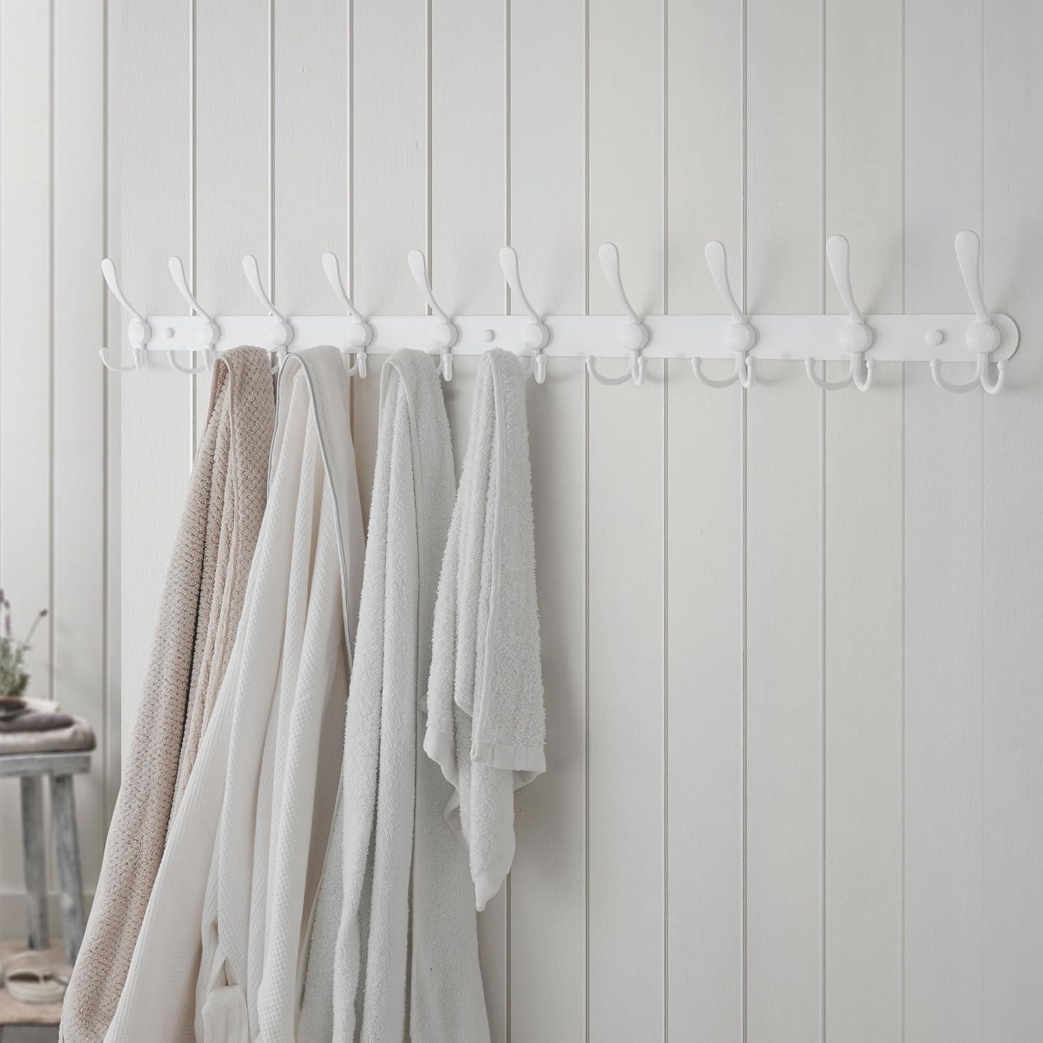 Dseap Coat Rack Wall Mount - 38” Long 10-Tri-Hooks Heavy Duty Coat Hanger Rail Wall Hooks for Hanging Coats Hats Clothing Clothes Purse Mudroom Entryway, White