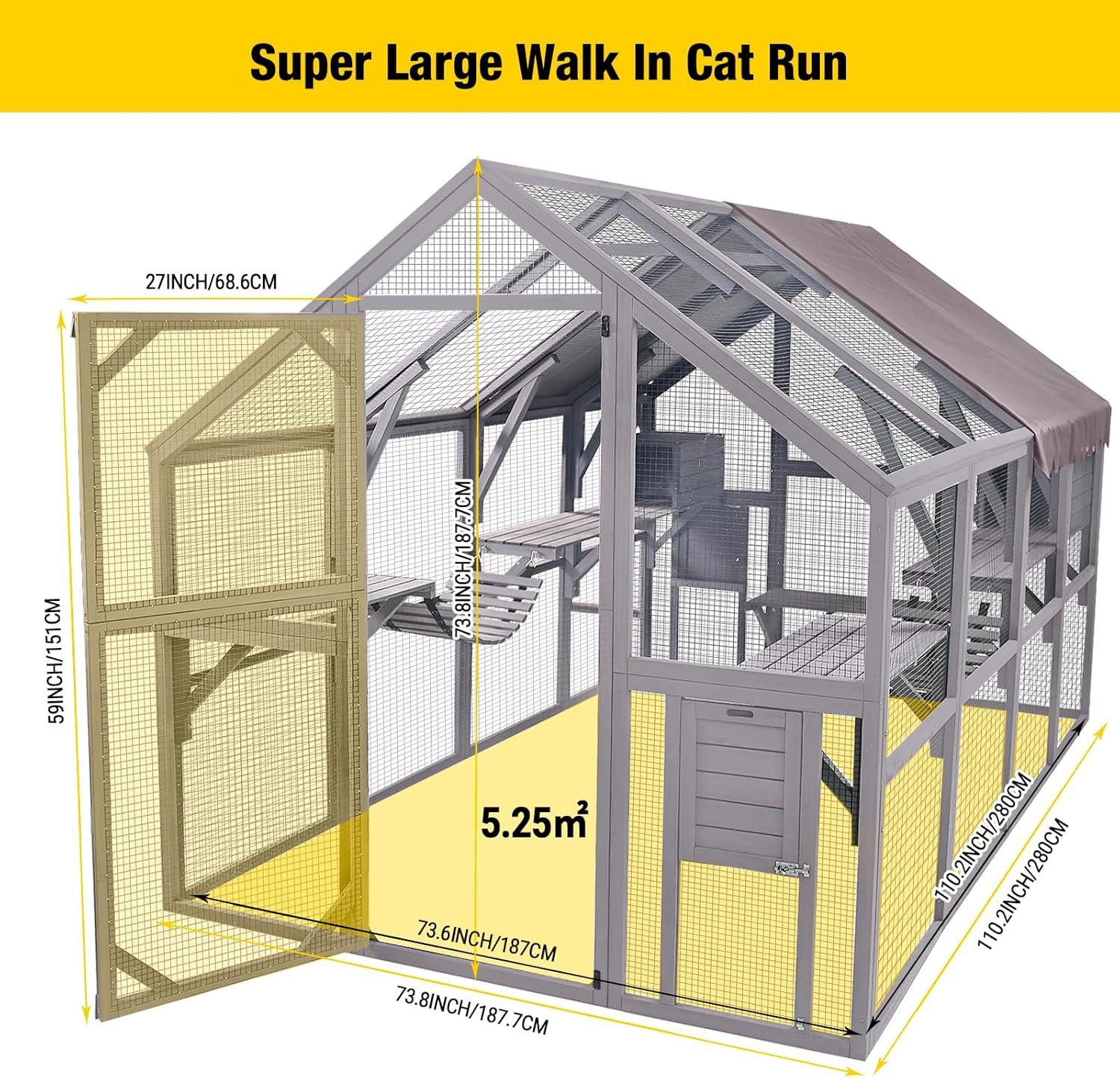 Aivituvin 110'' Extra Large Cat House Outdoor Walk-in Cat Enclosure Wooden Catio Cage with Bridges, Platforms, Rest Rooms, Roof Cover