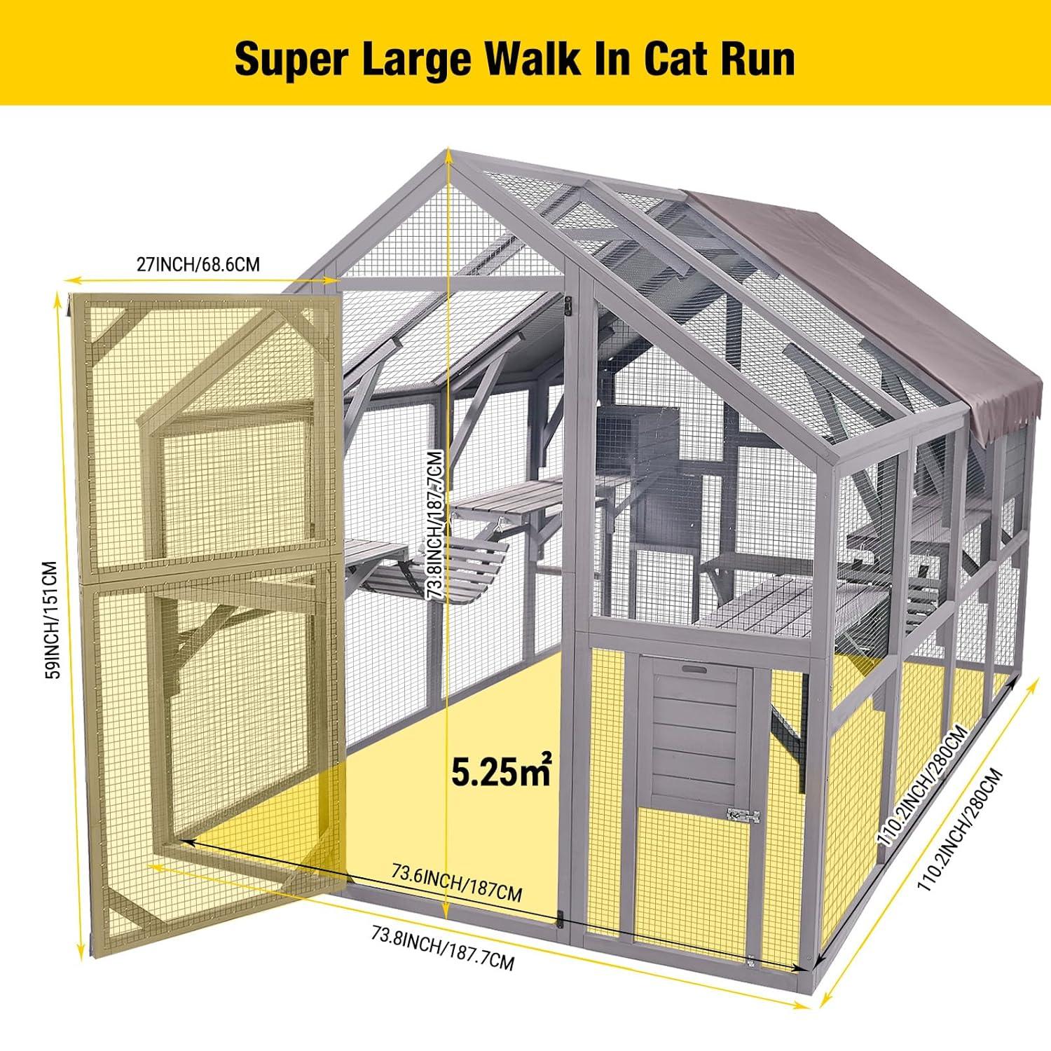 Aivituvin 110'' Extra Large Cat House Outdoor Walk-in Cat Enclosure Wooden Catio Cage with Bridges, Platforms, Rest Rooms, Roof Cover