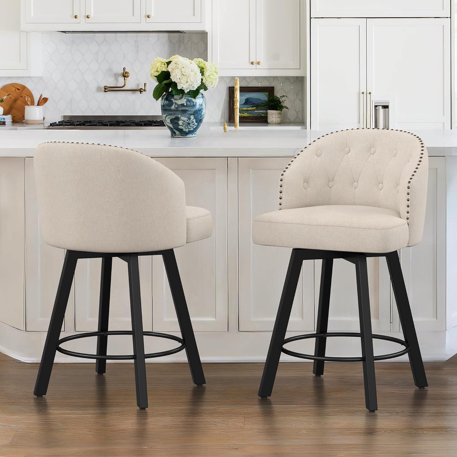 Linen Upholstered Swivel Counter Stools with Metal Legs, Set of 2