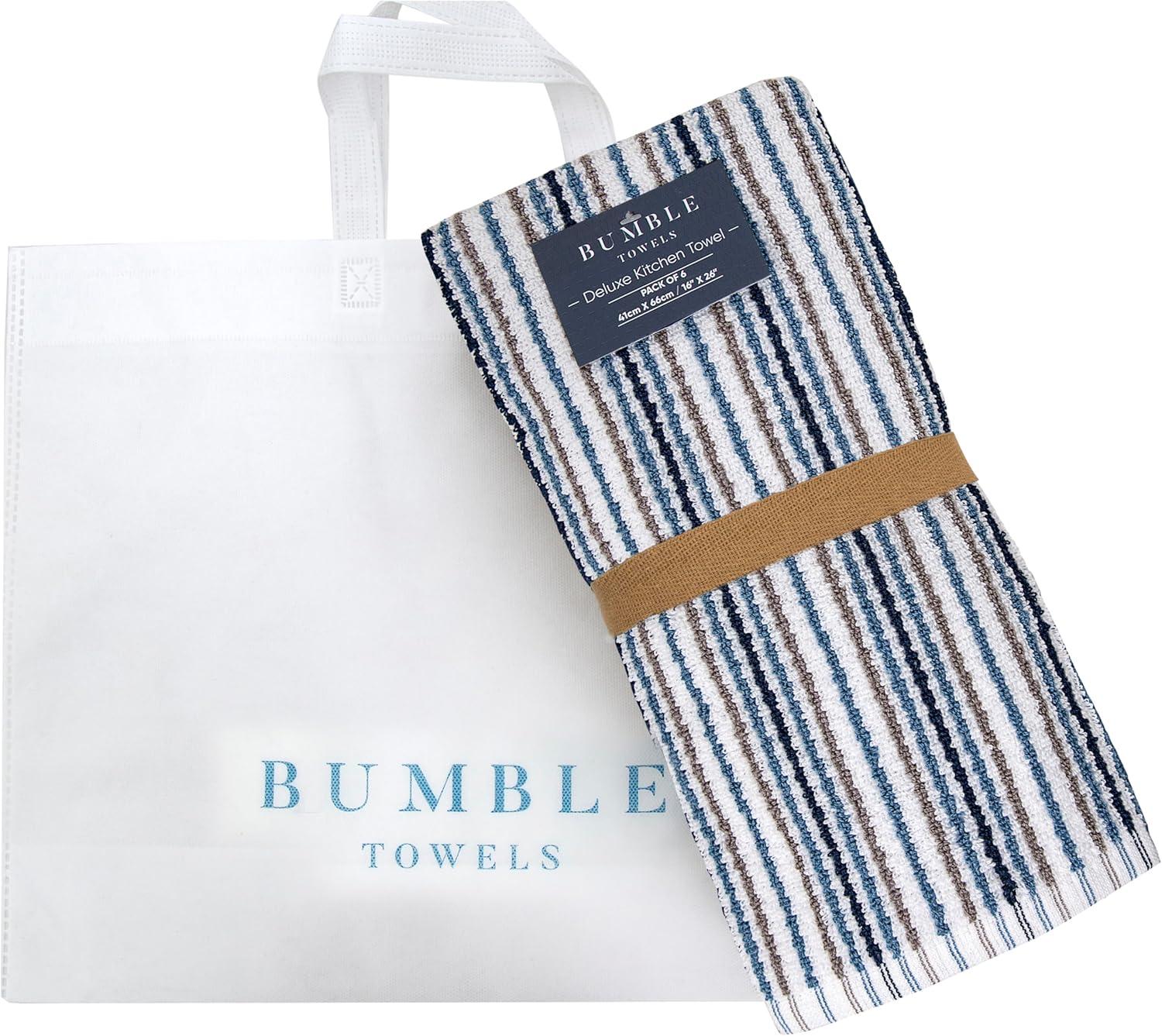 Premium Kitchen Towels (16?x 26?, 6 Pack) - Large Cotton Kitchen Hand Towels -Popcorn Stripe Design - 400 GSM Highly Absorbent Tea Towels Set with Hanging Loop - Blue