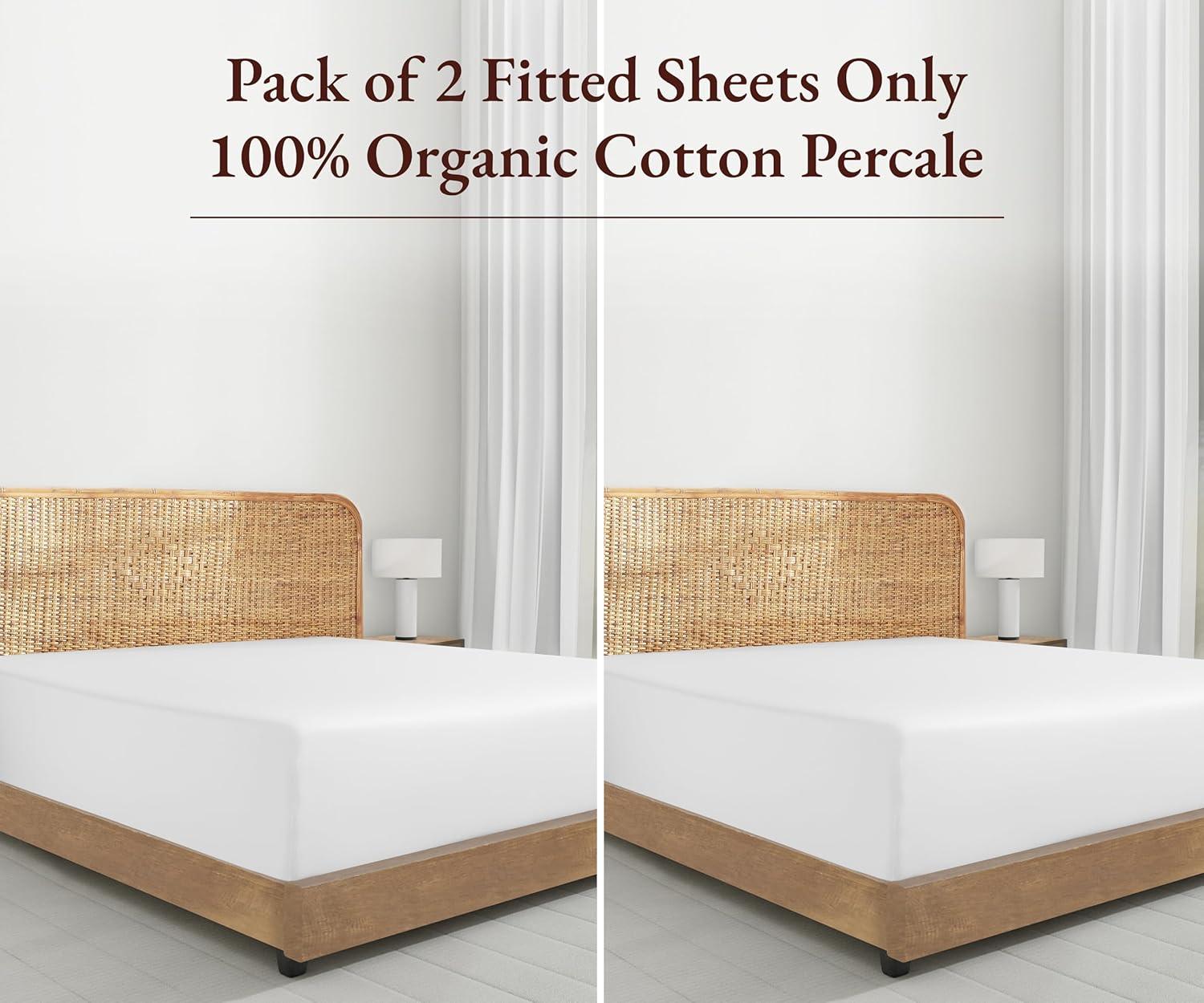 California Design Den 2-Pack 100% Organic Cotton Fitted Sheet Queen Size, Cooling Percale Weave, Lightweight & Crisp With Snug-Fit, Queen Deep Pocket Fitted Sheet Only -Bright White