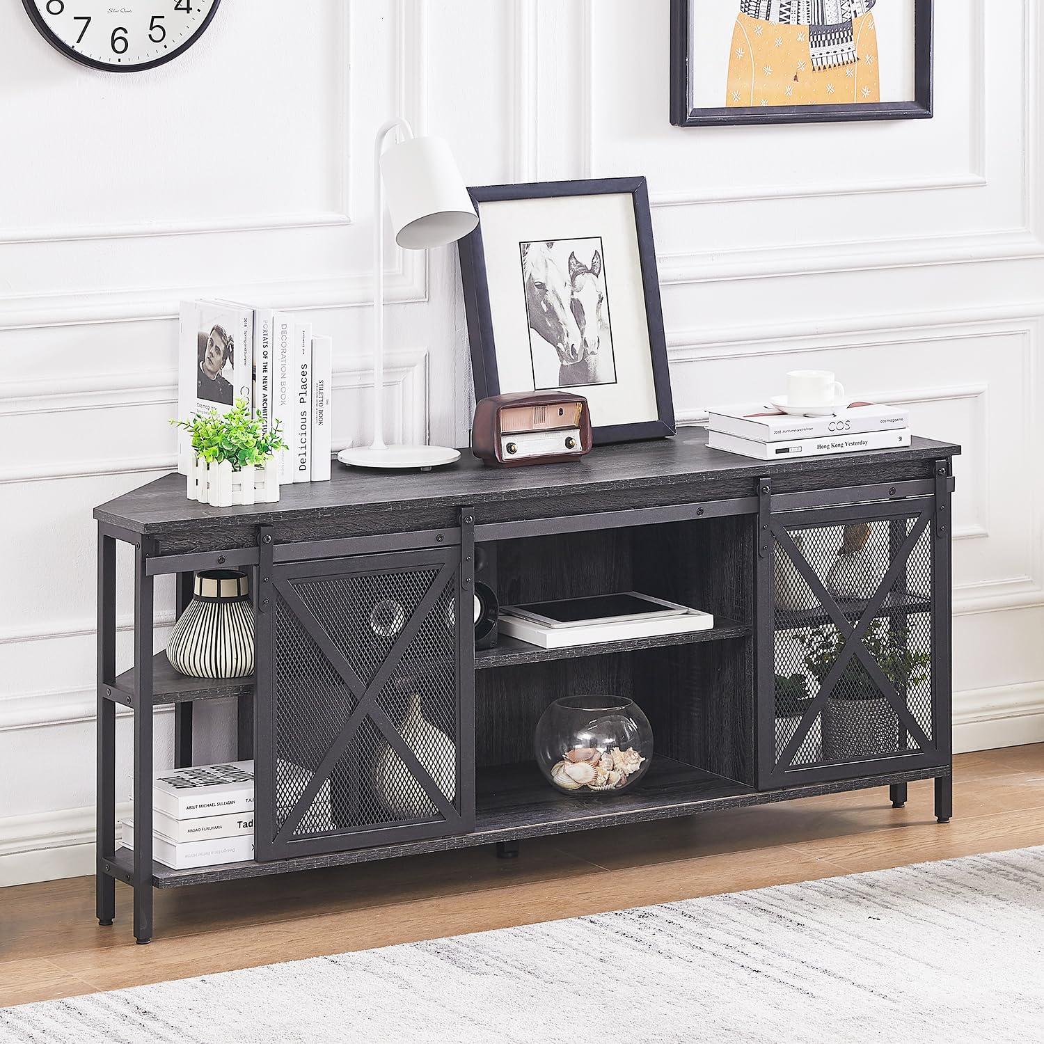 Dextrus Farmhouse Corner TV Stand for TVs up to 55 inch with Power Outlet, Wood Entertainment Center, TV Media Console with Storage, White Oak