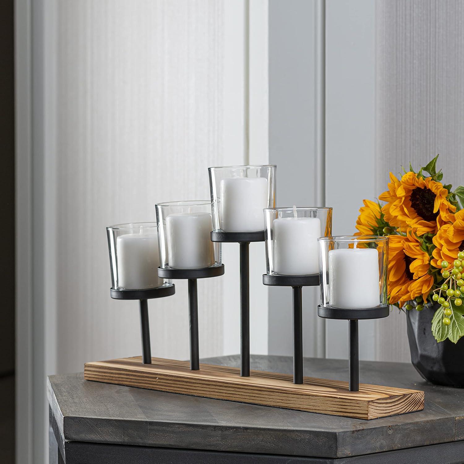 Le'raze Elegant Decorative Votive Candle Holder Centerpiece, 5 Glass Cups on Wood Base-Tray